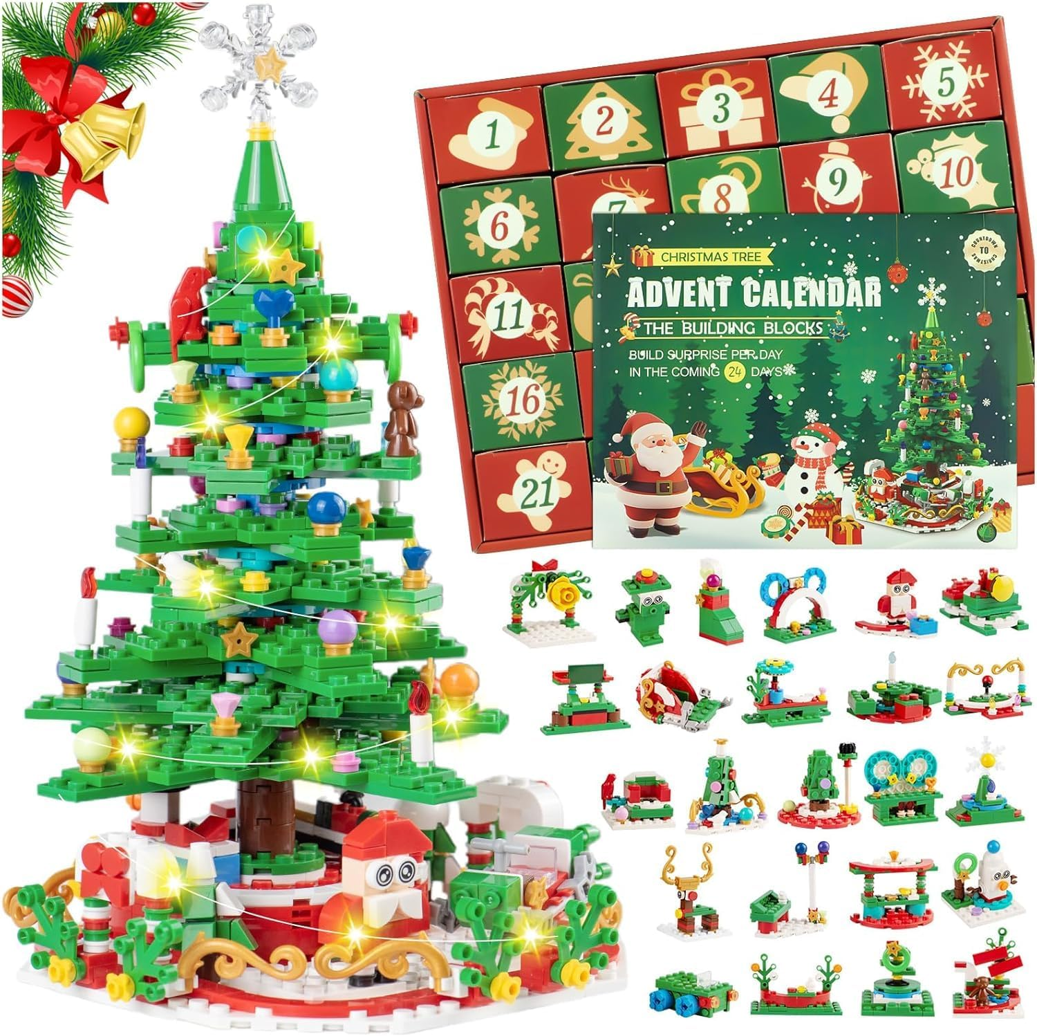 2025 Advent Calendar &ndash; 24 Days Building Blocks Kits,Christmas Tree Building Set with LED Light, 24 Days Countdown Calendar Creative Building Blocks for Adults Kids Teens, Fun Xmas Gift image number 1