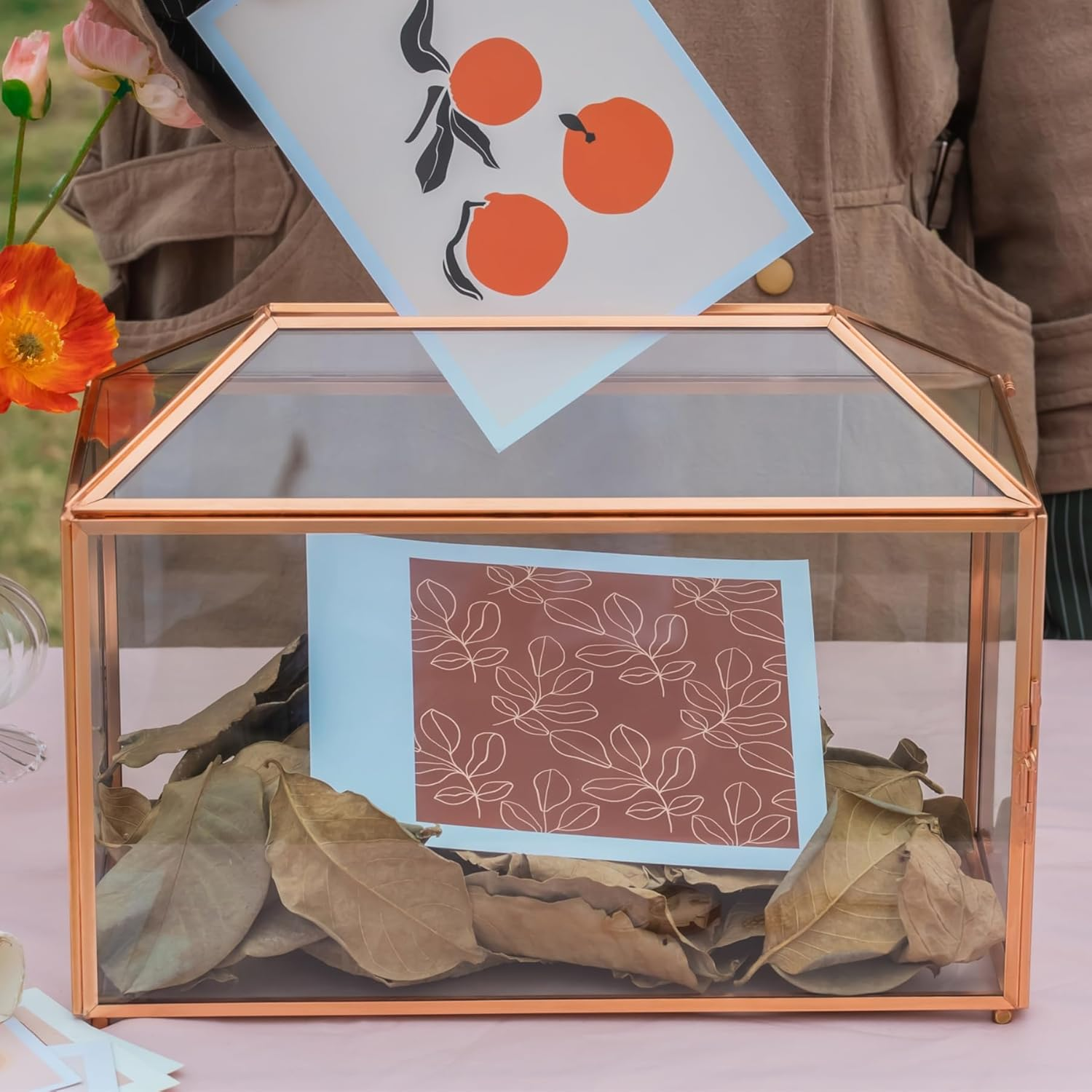 NCYP Wedding Cards Box with Slot and Lock, 12.6" X 5.9" X 9" Rose Gold Glass Envelope Card Holder for Birthday Party Reception, Decorative Terrarium (Glass Box Only) Slot Length 7.3 Inches