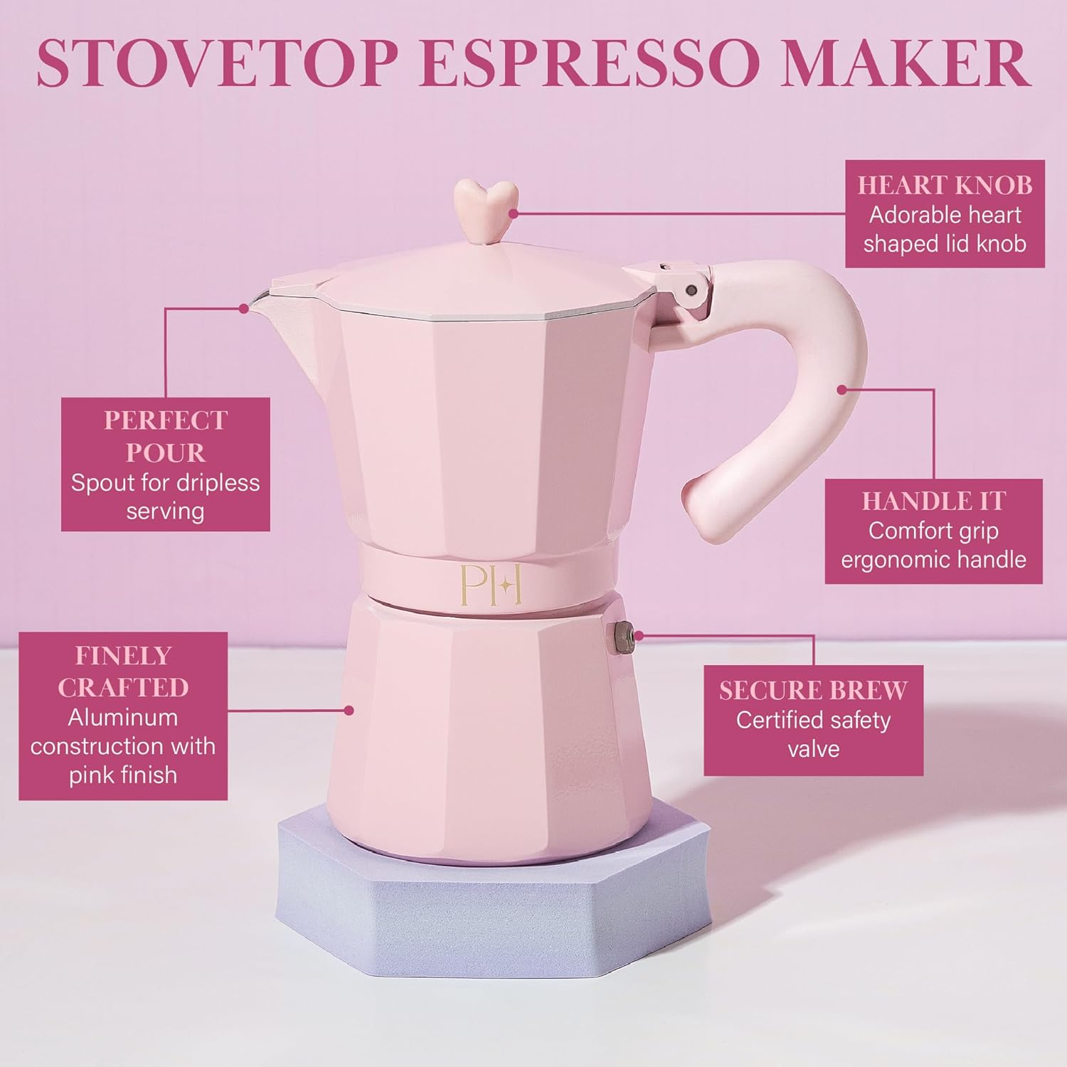 Paris Hilton Stovetop Espresso and Coffee Maker, Italian & Cuban Style Coffee Pot with Iconic Heart Knob, Perfect for Rich Aromatic Espresso, Makes up to 6 Espresso Cups, Pink image number 1