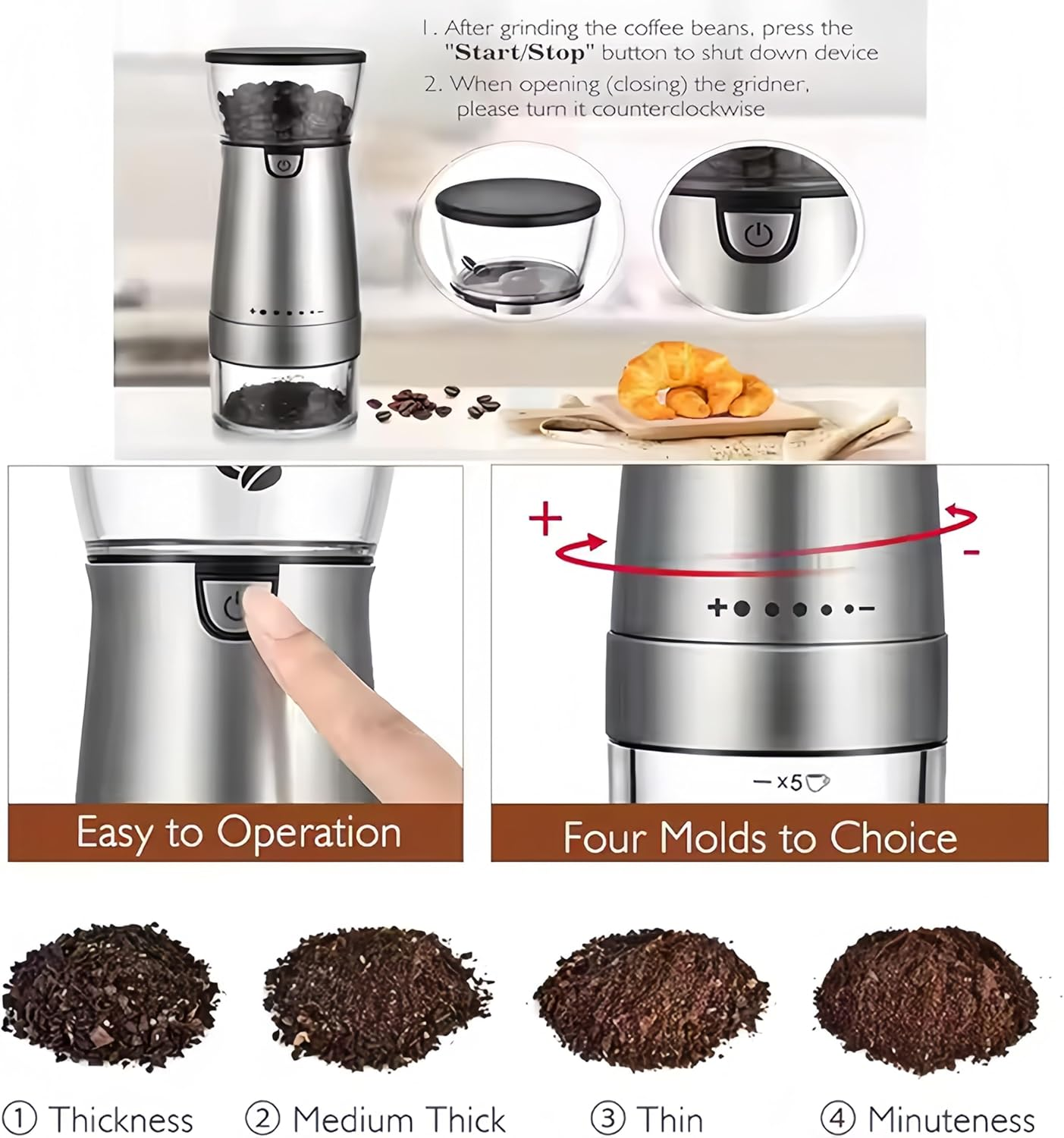 Azragon Coffee Grinder Electric - USB Rechargeable, Type-C Fast Charging, 1200Mah Battery for 25 Cups, Compact Travel & Home Use, Grinds 20G/Single or 60G/Bulk(Black) - Silver image number 2