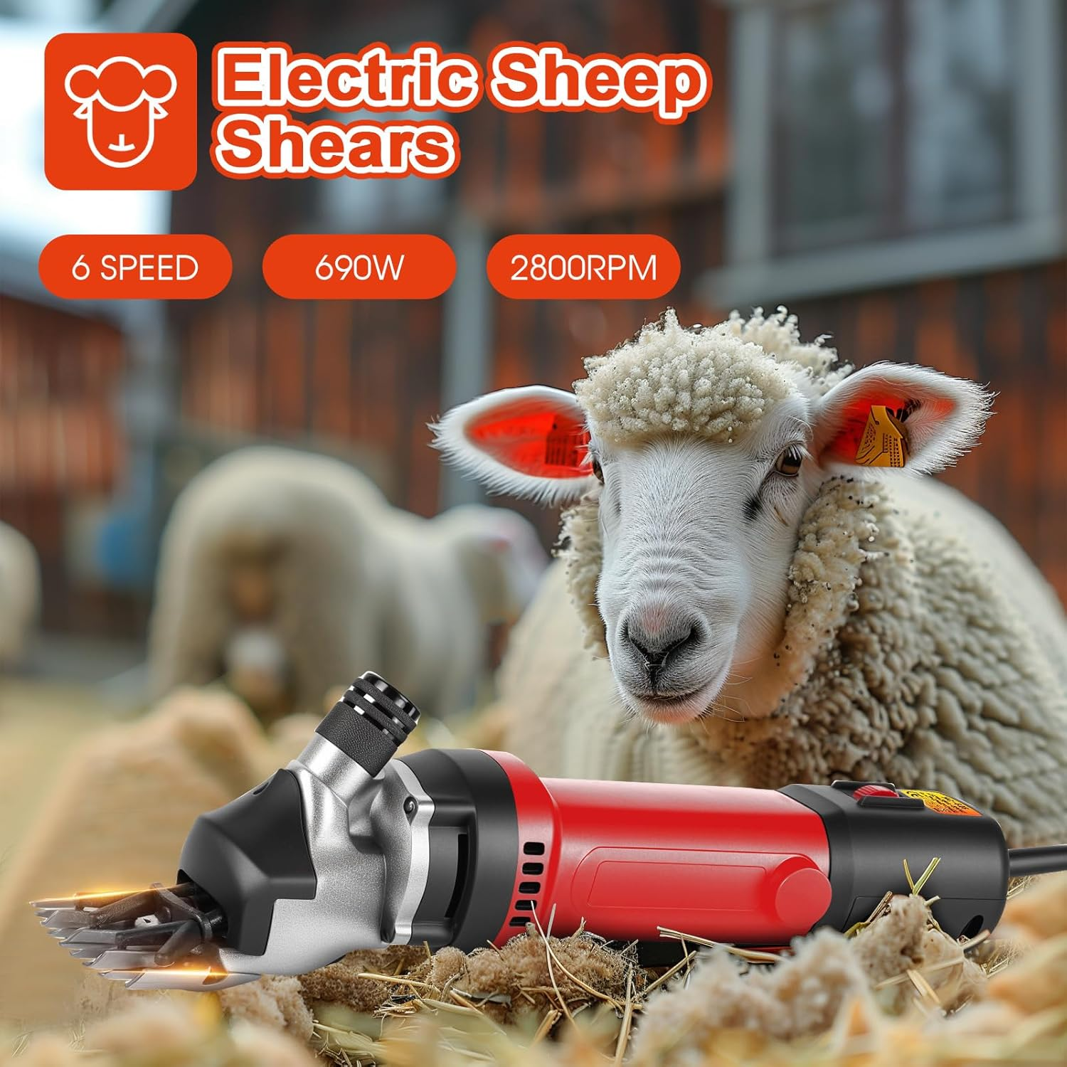 Advwin Electric Sheep Shears, 690W 2800R/Min Professional Electric Sheep Clippers, 6 Speed Heavy Duty Electric Shears, Farm Livestock Grooming Kit for Thick Coat Animals - Red image number 5