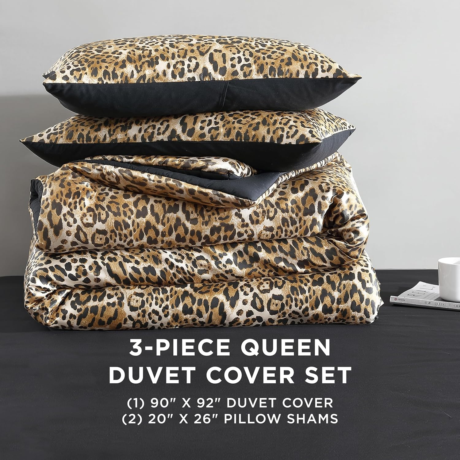 Juicy Couture Full/Queen Leopard Satin Duvet Cover Set - Cheetah Print 3-Piece Machine Washable Reversible Animal Print Bedding Duvet Cover and Sham Set image number 2
