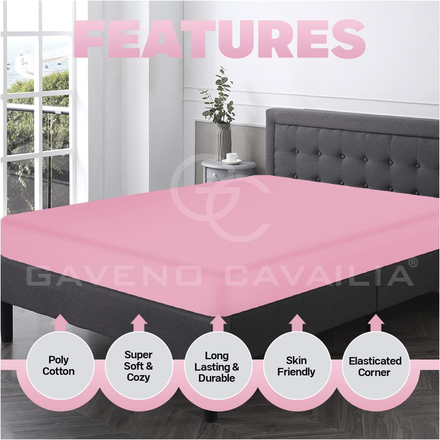 Premium Plain Dye Fitted Bed Sheet, Washable Bedding & Linen, Bobble Free Super Soft Bottom Sheet, Pink, 4Ft Double image number 1