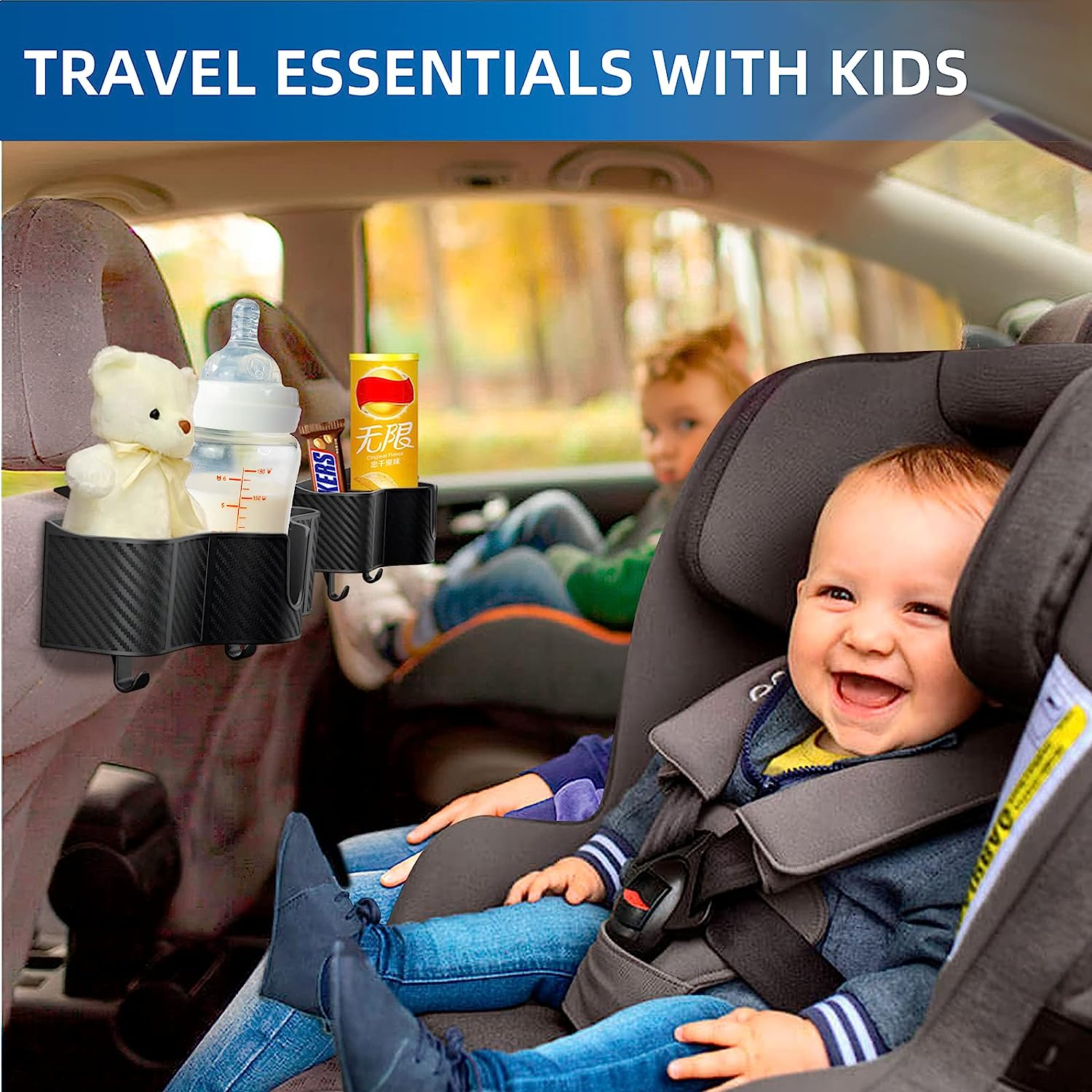 Car Headrest Backseat Organizer with 3.7" Cup Holder, 3 in 1 Seat Back Organizer with Headrest Hooks for Kids and Adults, Multifunctional Storage for Car Travel Accessories（2Pcs） image number 2