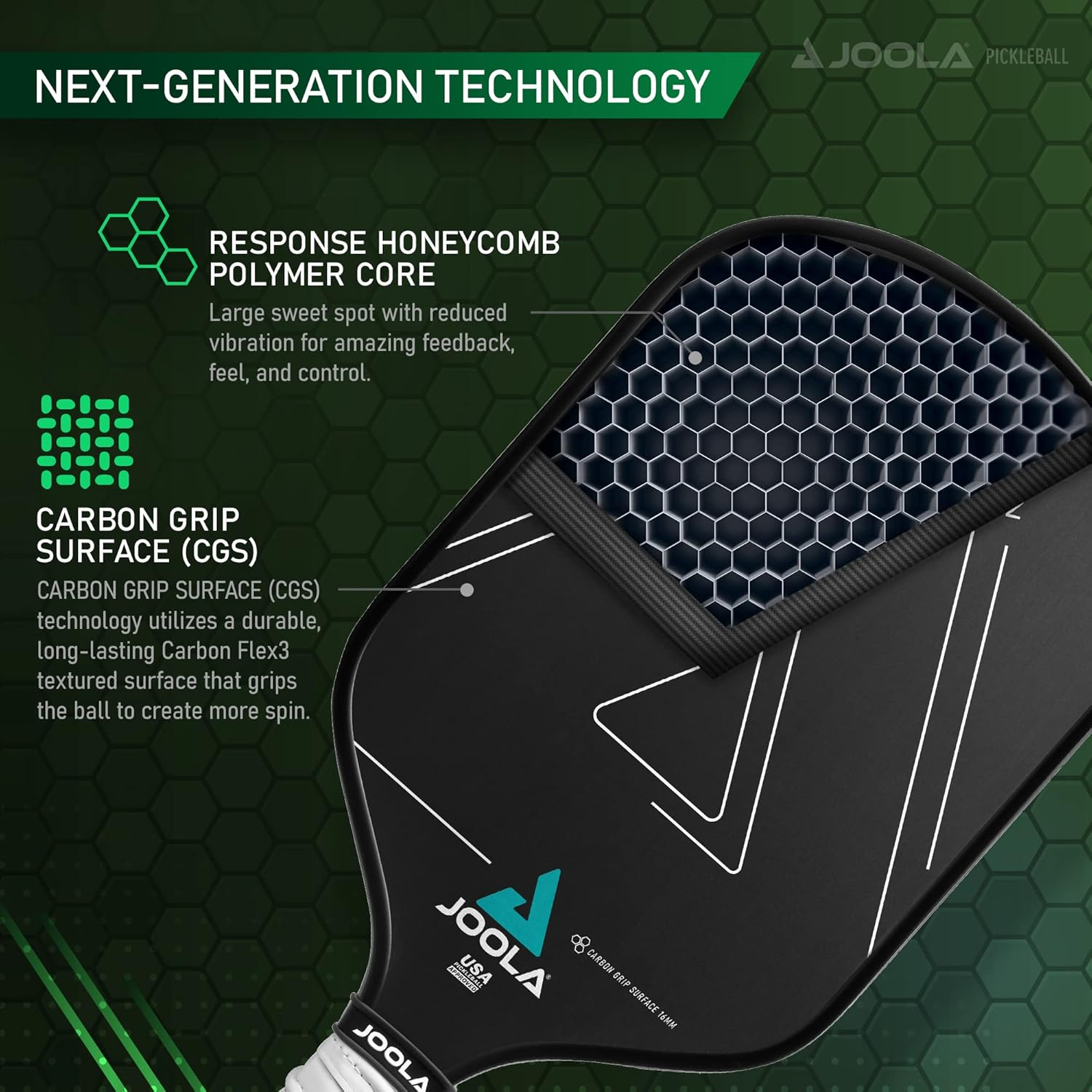 JOOLA Pickleball Paddle - Vision or Radius Shape Design - Maximum Spin & Control, with Added Power - Carbon Fiber Pickleball Paddle - Honeycomb Polypropylene Core - USAPA Approved