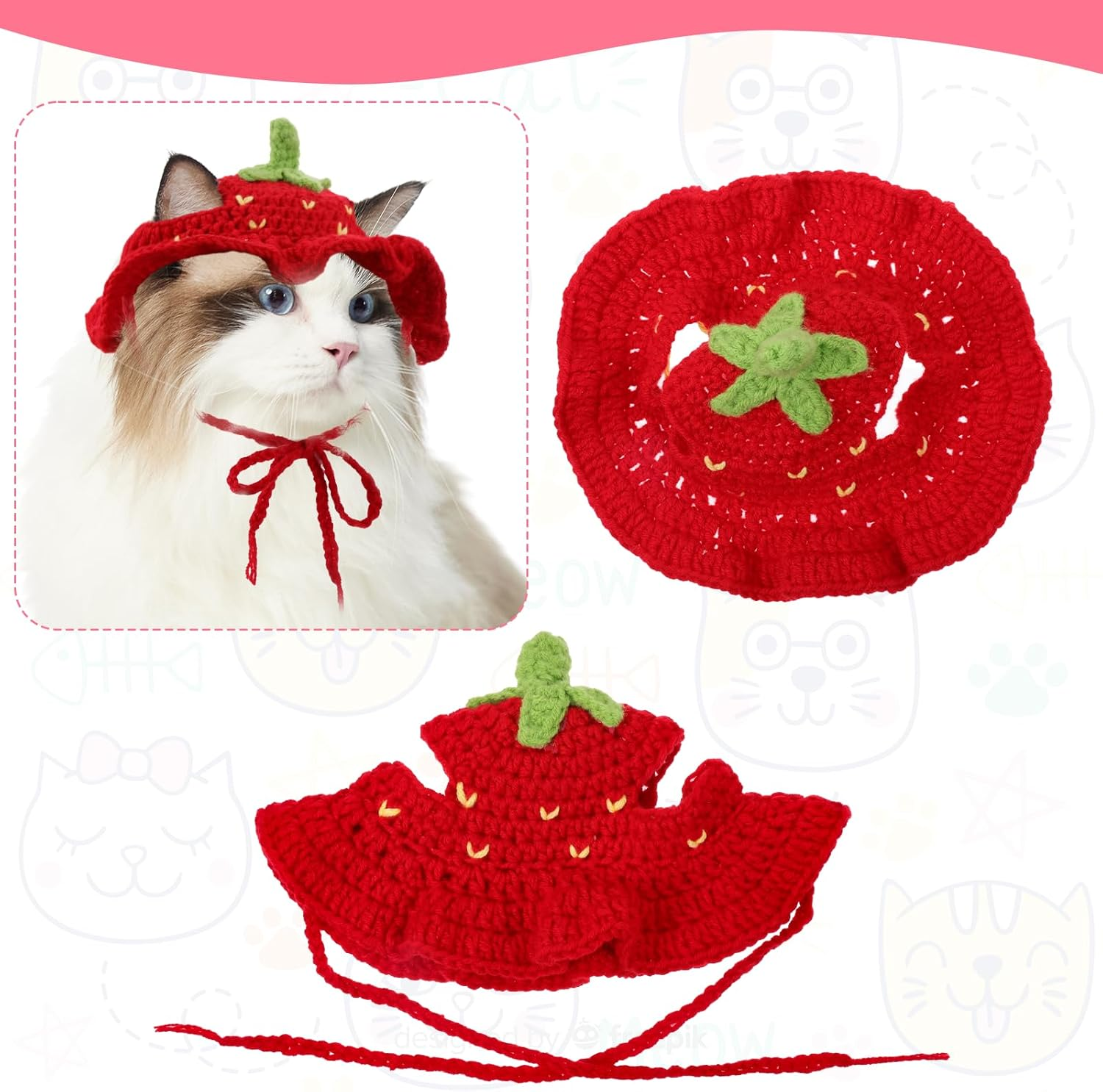Piriuuo Strawberry Cat Hat, Cute Knitted Hat for Cat Cotton Hats for Cats Soft Small Dog Hat for Birthday Party Christmas Puppy Hat for Small Pets (Red, M)