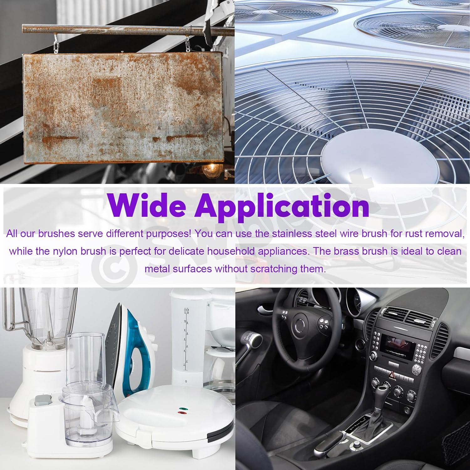 Swpeet 8Pcs Red Small Wire Brush Set, Wire Brush Shovel Set with Curved Handle Grip for Cleaning Rust, Included 2Pcs Brass Brushes, 2Pcs Stainless Steel Brushes, 2Pcs Nylon Brushes, 2Pcs Scraper image number 3