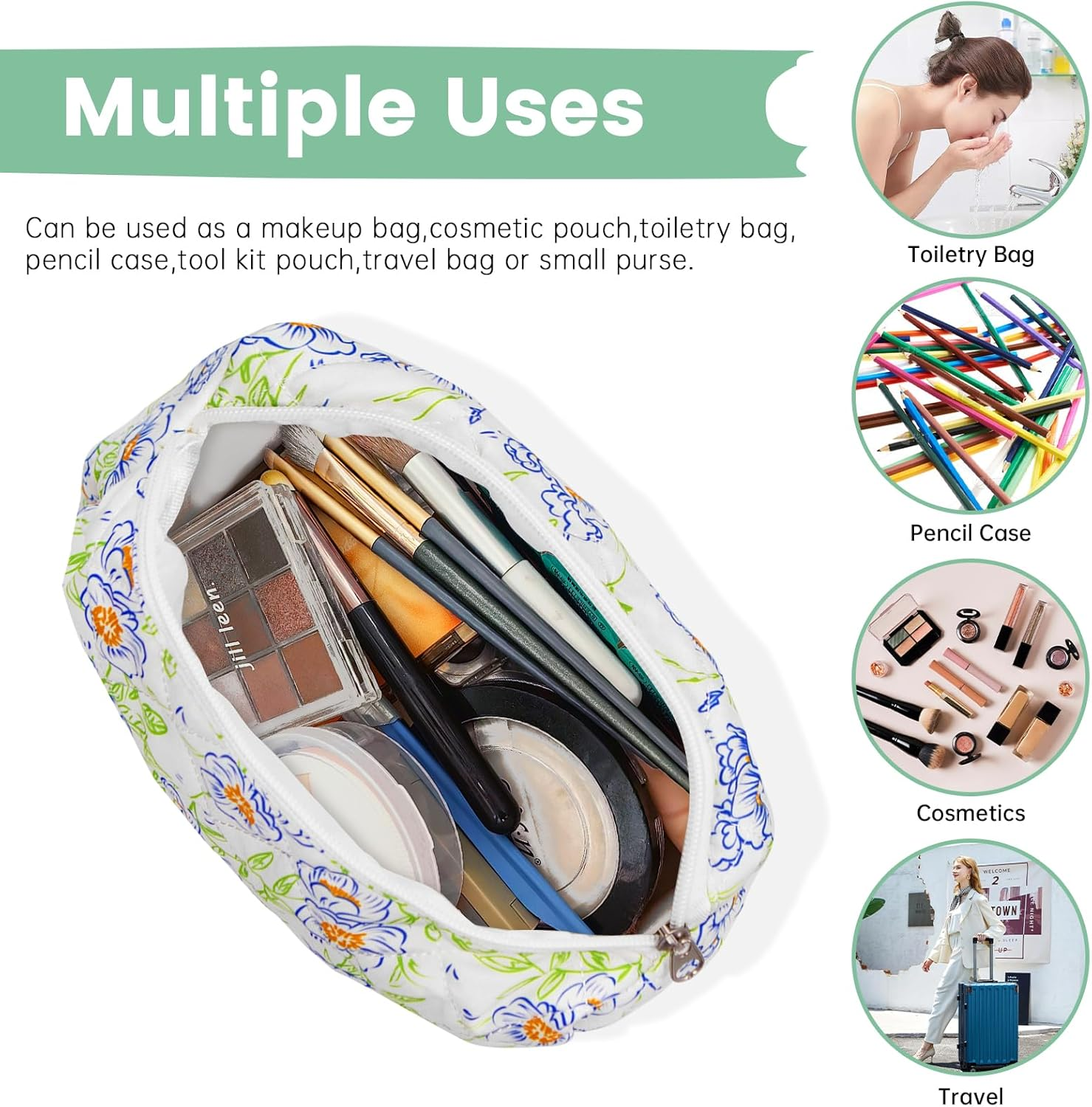 Long Keeper Large Makeup Bag Floral Aesthetic Cosmetic Bag Women Cotton Travel Make up Bag Cute Flower Toiletry Organizer Bag, Blue Green Flower, Trendy image number 1