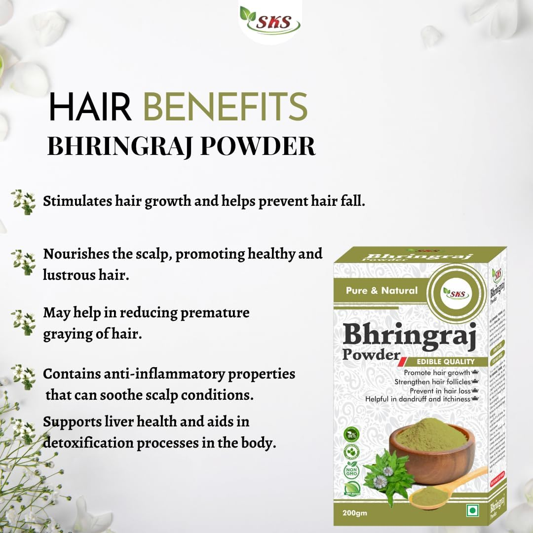 SKS Bhringraj Powder 200 Gms Pack No Added Preservatives Good for All Types of Hair image number 4