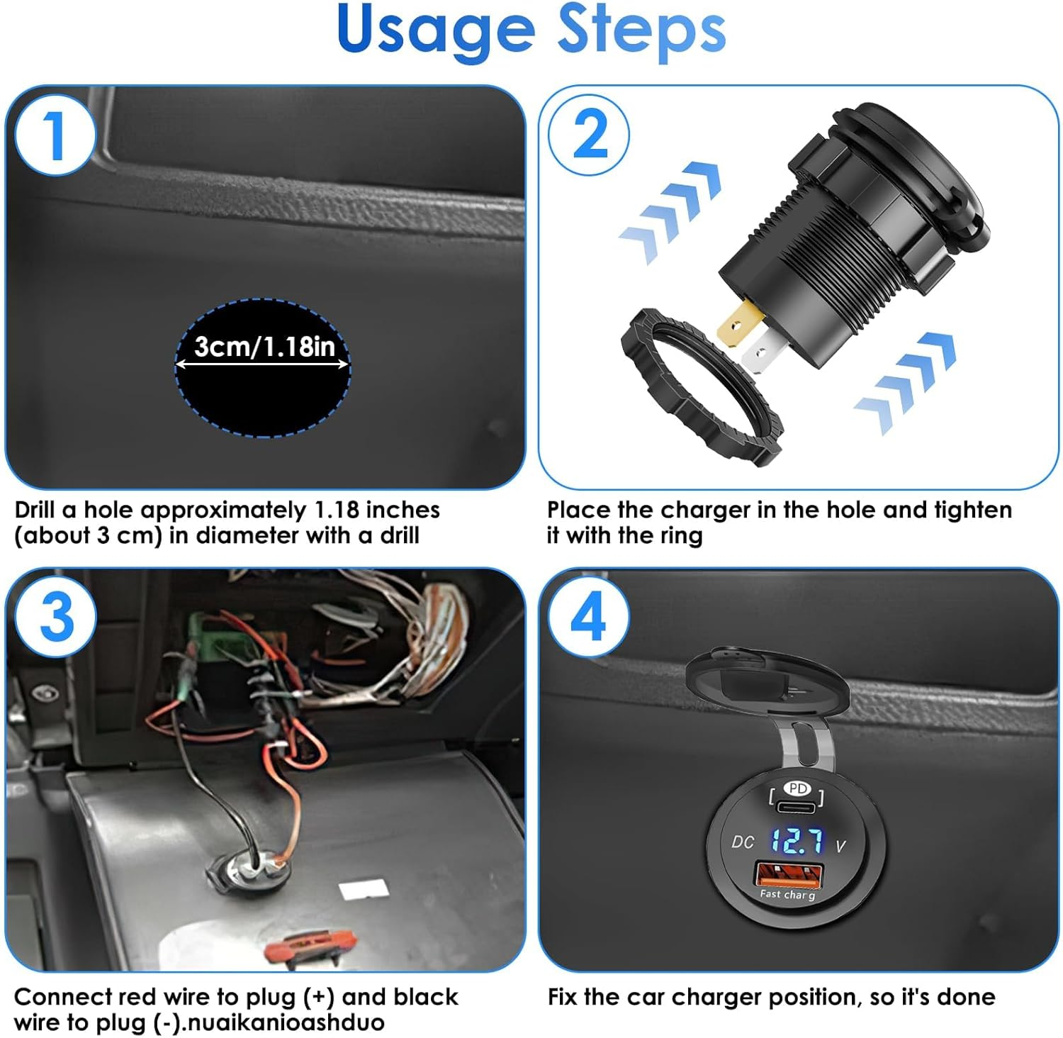 USB C and USB a Car Socket, 70W Waterproof 12V/24V PD+QC3.0 Fast Charger with LED Indicator for Car/Motorcycle/Boat, Can Charge Mobile Phone/Tablet/Digital Camera image number 3