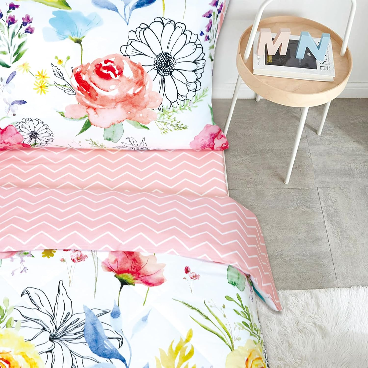 Toddler Bedding Sets for Girls, 4 Piece Soft Crib Bedding Set, Flower Toddler Girl Bed Comforter Set, Includes Watercolor Floral Series Comforter, Fitted Sheet, Flat Sheet and Pillowcase image number 6