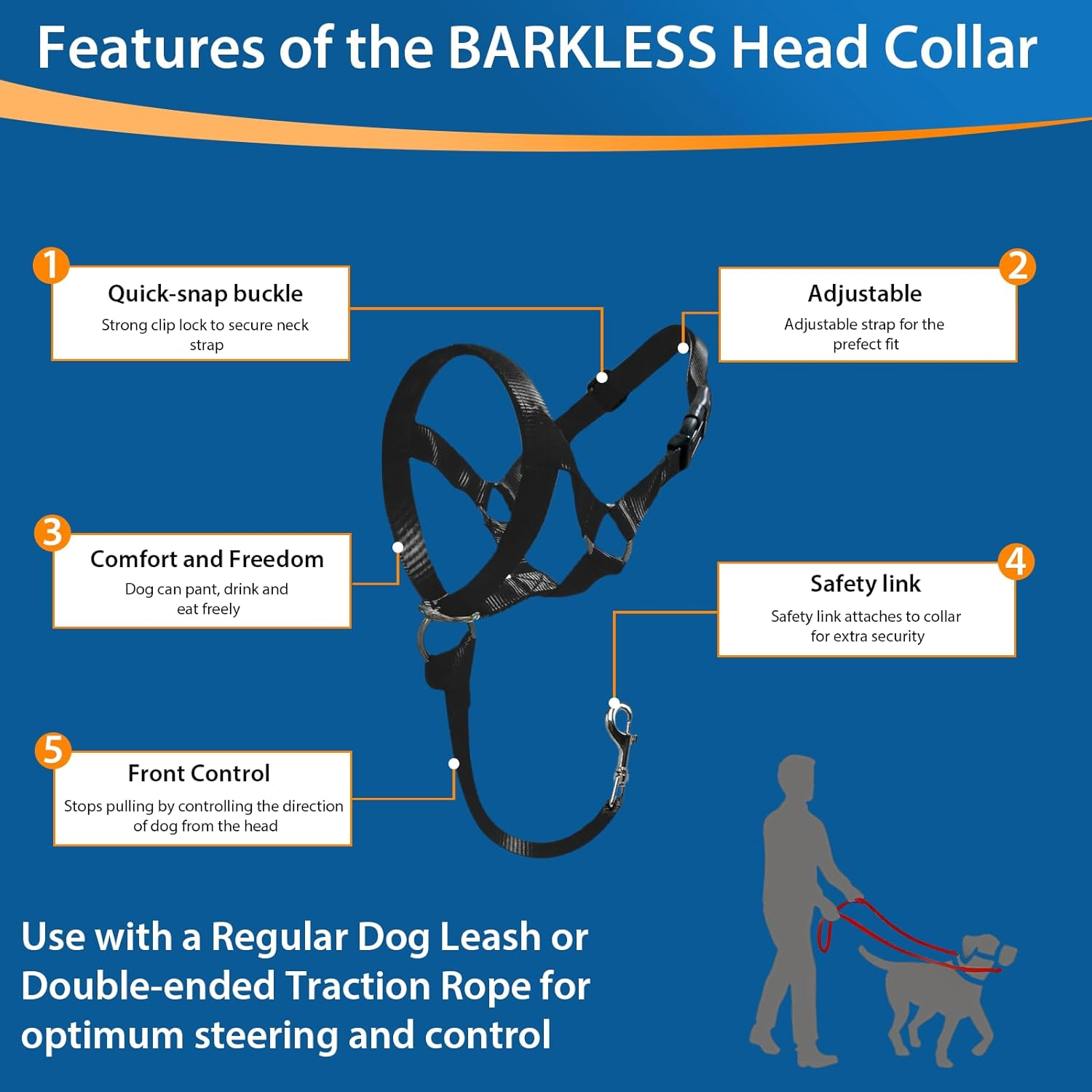 Barkless Dog Head Collar, No Pull Training Tool for Dogs on Walks, Includes Free Training Guide, 5 (M, Black)