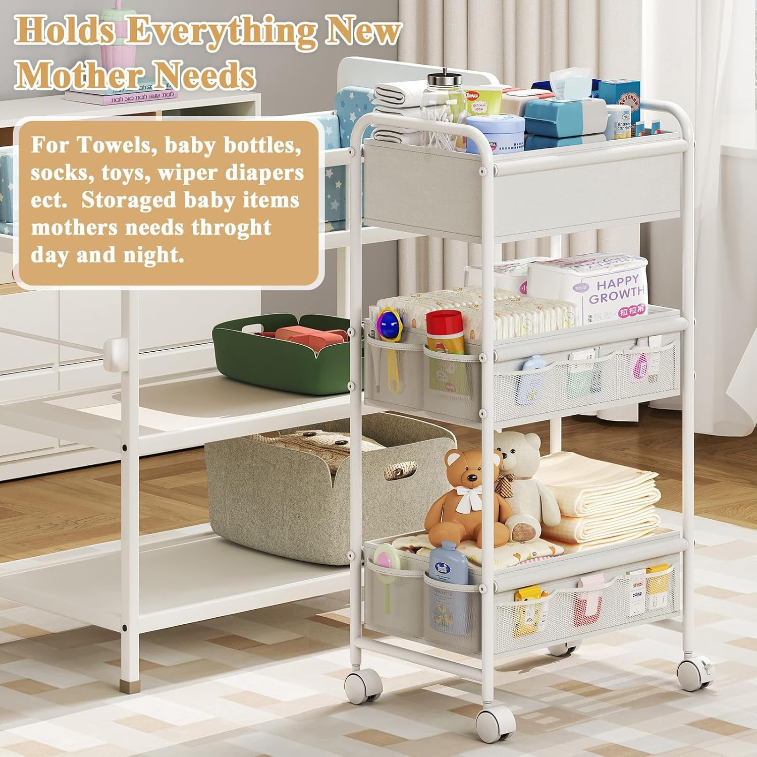 3-Tier Baby Diaper Caddy Cart Organizer, Mobile Nursery Organization with Wheels, with 2 Dividers & 14 Mesh Pockets Durable Metal Utility Cart for Nursery, Bedroom, Bathroom Essentials Organization image number 3