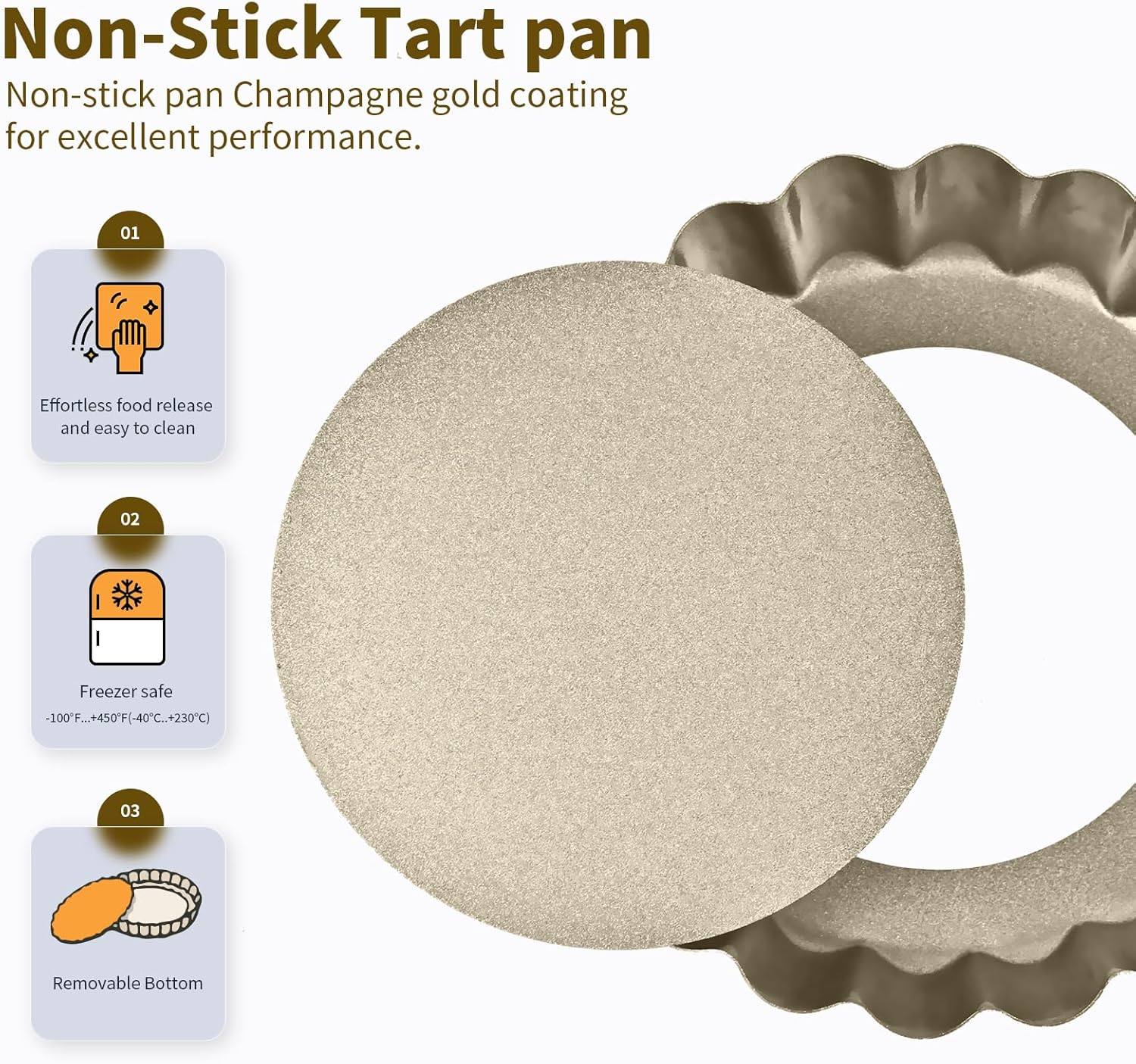 Mini Tart Pan 12PCS, 4 Inch Tart Pan Removable Bottom Non-Stick Tin, 0.9 Inches High Suitable for DIY Making Small Tarts at Home. Champagne Gold Appearance. image number 3