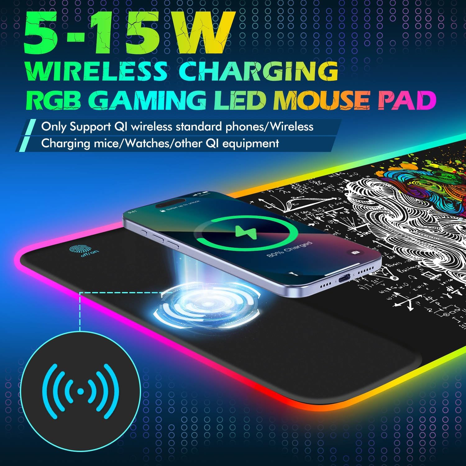 Tolulu RGB Gaming Wireless Charging Mouse Pad, 7.5/10/15W 10 Light Modes LED Mouse Pad Computer Keyboard Mat Mousepad, 800X300X4Mm Extended Large Desk Mat for Gaming, Macbook, Laptop, PC, Human Brain - Game Console Buttons Black image number 4