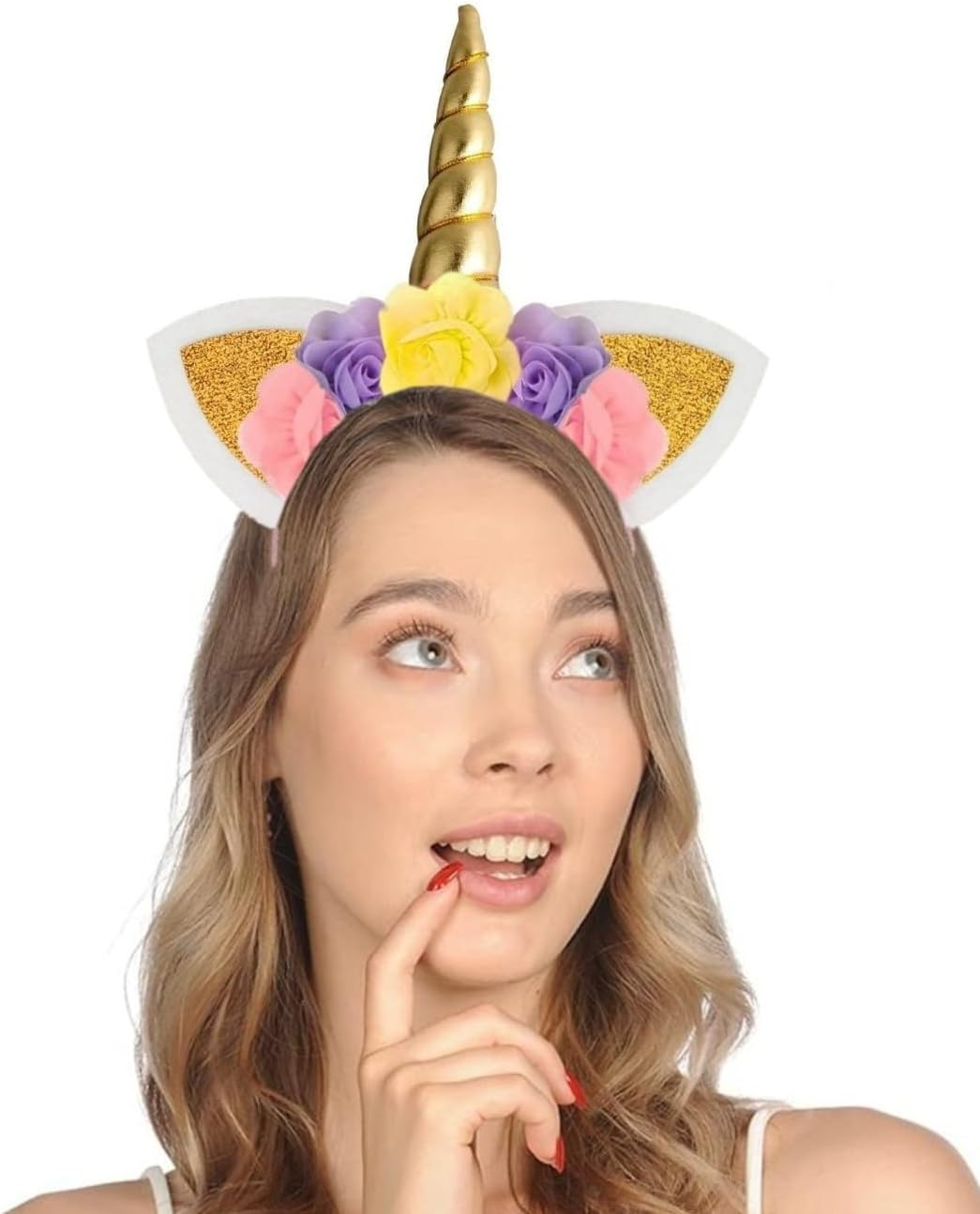 Hatstar Gold Unicorn Headband | Unicorn Headband | Ears Headband with Flowers | Accessories for Birthday, JGA, Carnival and Fancy Dress image number 2