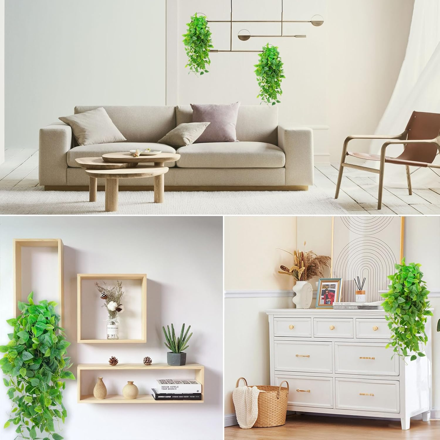 Lenamos Fake Hanging Plants, 2Pcs Artificial Hanging Plant, Faux Pothos Vines Hanging Plant Greenery for Wall Home Living Room Indoor Outdoor Decor (No Baskets) image number 4