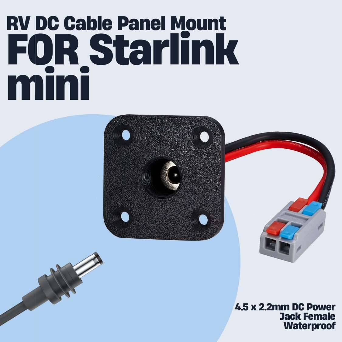RV DC Cable Panel Mount for Starlink Mini, 5.5 X 2.1Mm 2-Pole DC Power Jack Female，Waterproof Passthrough (Black) image number 1