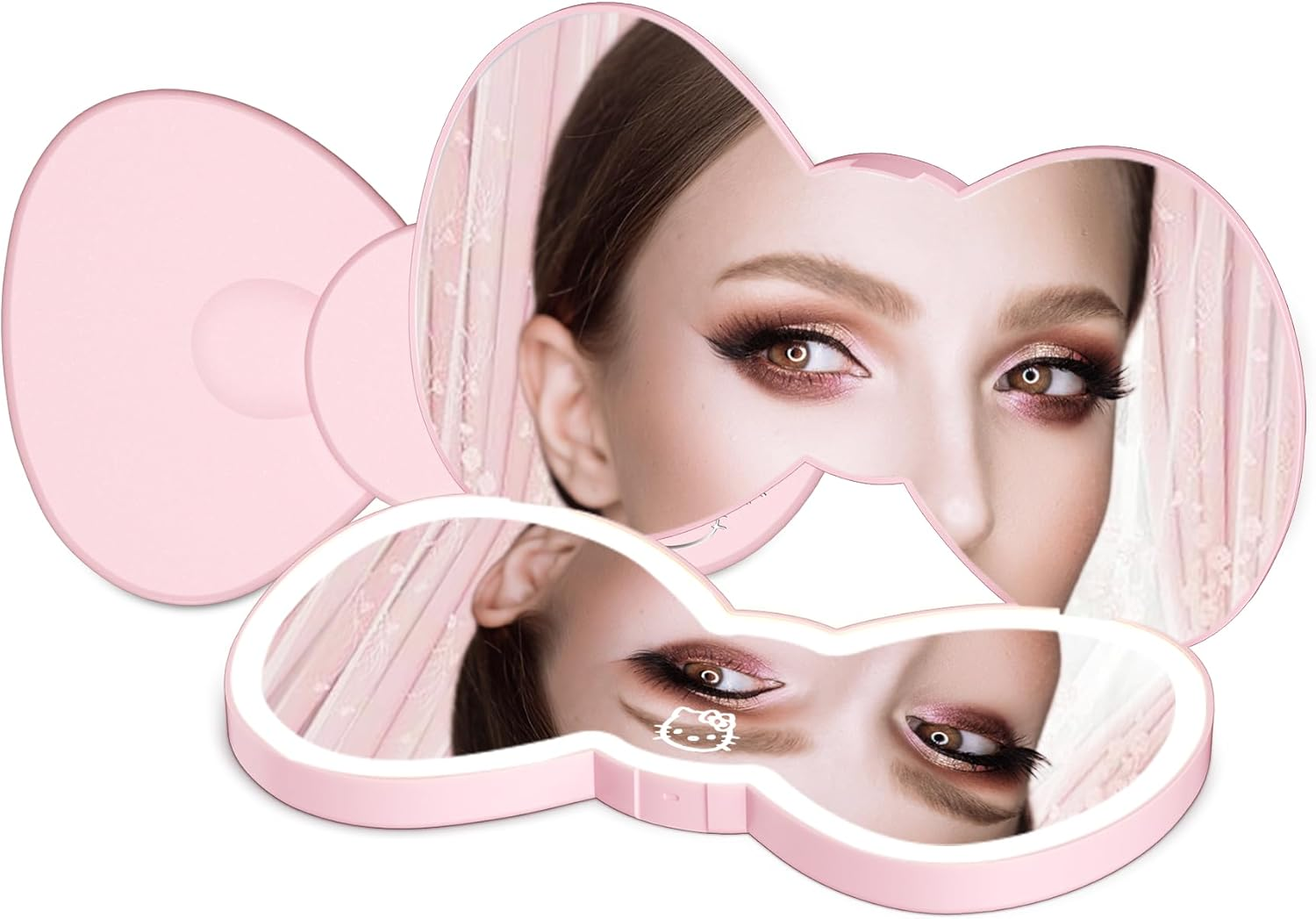 Impressions Vanity Hello Kitty Bow LED Compact Mirror, Double Sided Cute Travel Makeup Mirror, Soft Touch Button with Slide down Auto Shut off (Small) image number 1