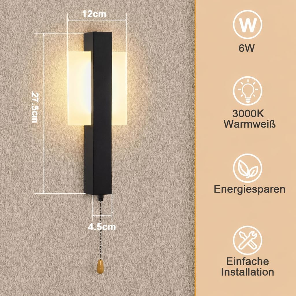 ZMH Indoor LED Wall Sconce with Switch - Black Modern Design with Pull Switch, Warm White 3000K, Square, Iron and Acrylic, 6W image number 3