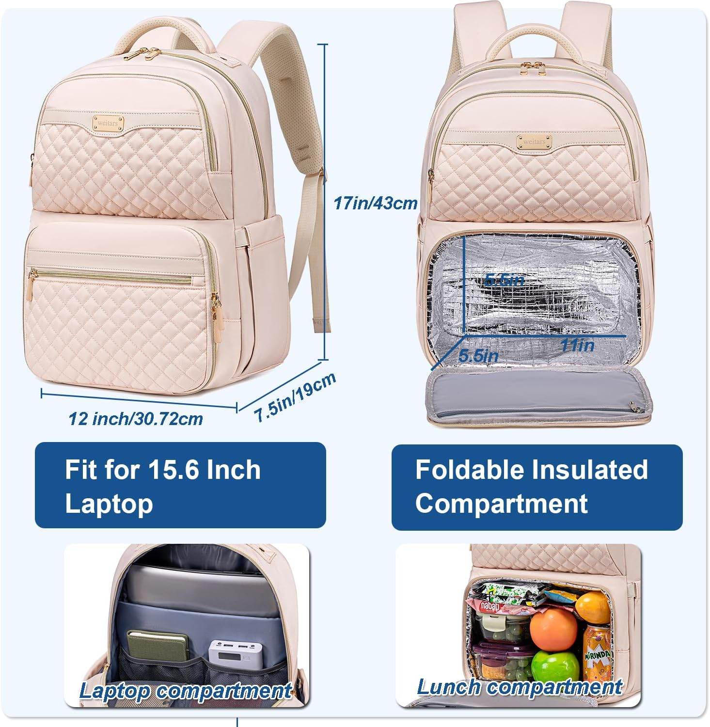 Weitars Lunch Backpack, Insulated Cooler Backpack 15.6 Inch Laptop Backpack for Women Men,Travel Backpack,Work Backpack - Gray image number 3