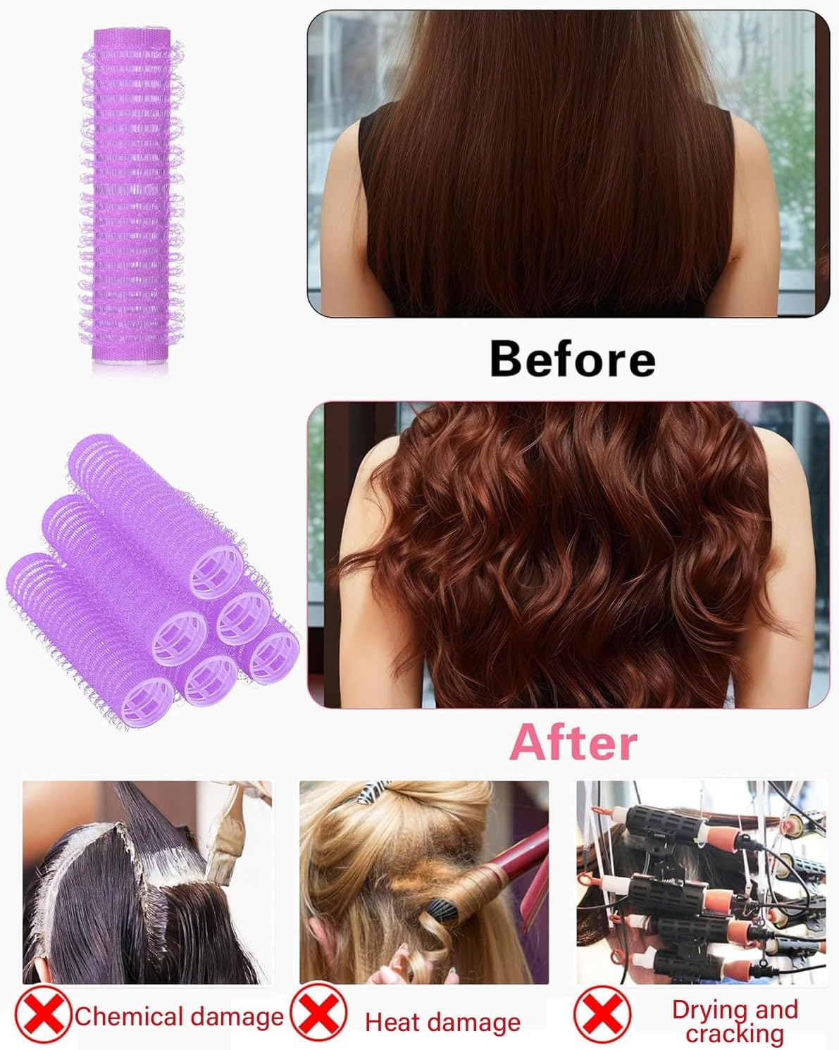 TPZORJX 37 Pieces Manual Hair Rollers Self Adhesive Hair Rollers for Salons, Barber Shops, Rat Tail Combs, DIY Curlers with Steel Needle Tip Comb (Purple) image number 1
