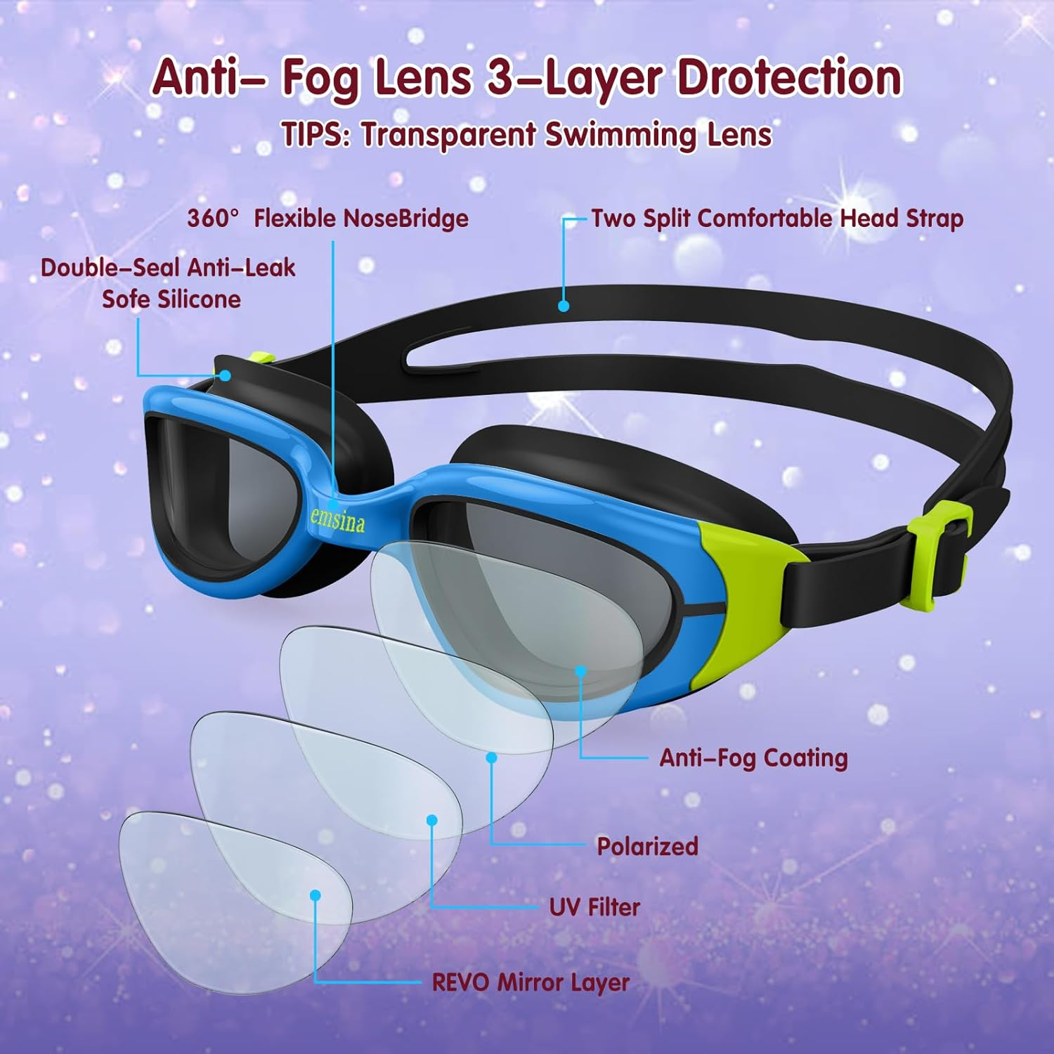 Emsina Kids Swim Goggles, Swimming Goggles for Kids Age 3-10 Boys and Girls &hellip; image number 1