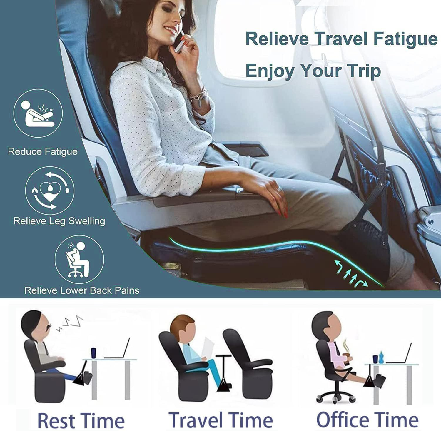 Aieve Airplane Footrest (Memory Foam), Portable Travel Foot Hammock, - Adjustable Airplane Footrest, Comfy Foot Hanger to Relax Your Feet, Reduce Leg Swelling and Soreness- Travel Accessories for Flight, Long-Distance Buses, Train, Office and Home (Black) image number 5