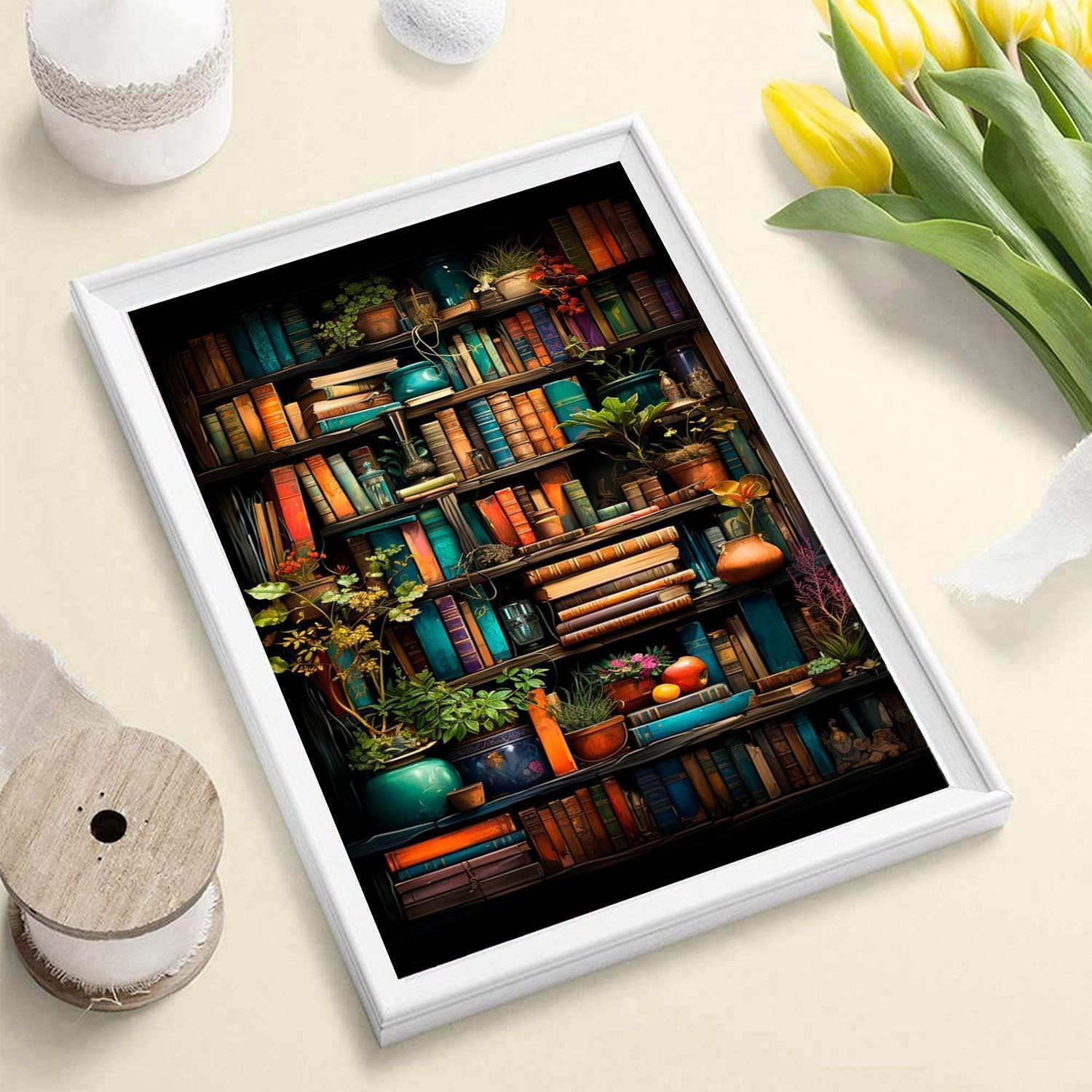 Paint by Number for Adults. Bookshelf Paint by Numbers for Adults Beginner Drawing Paintwork with 3 Paintbrushes Paint Canvas Oil Painting 16&rdquo; X 20&rdquo; image number 5