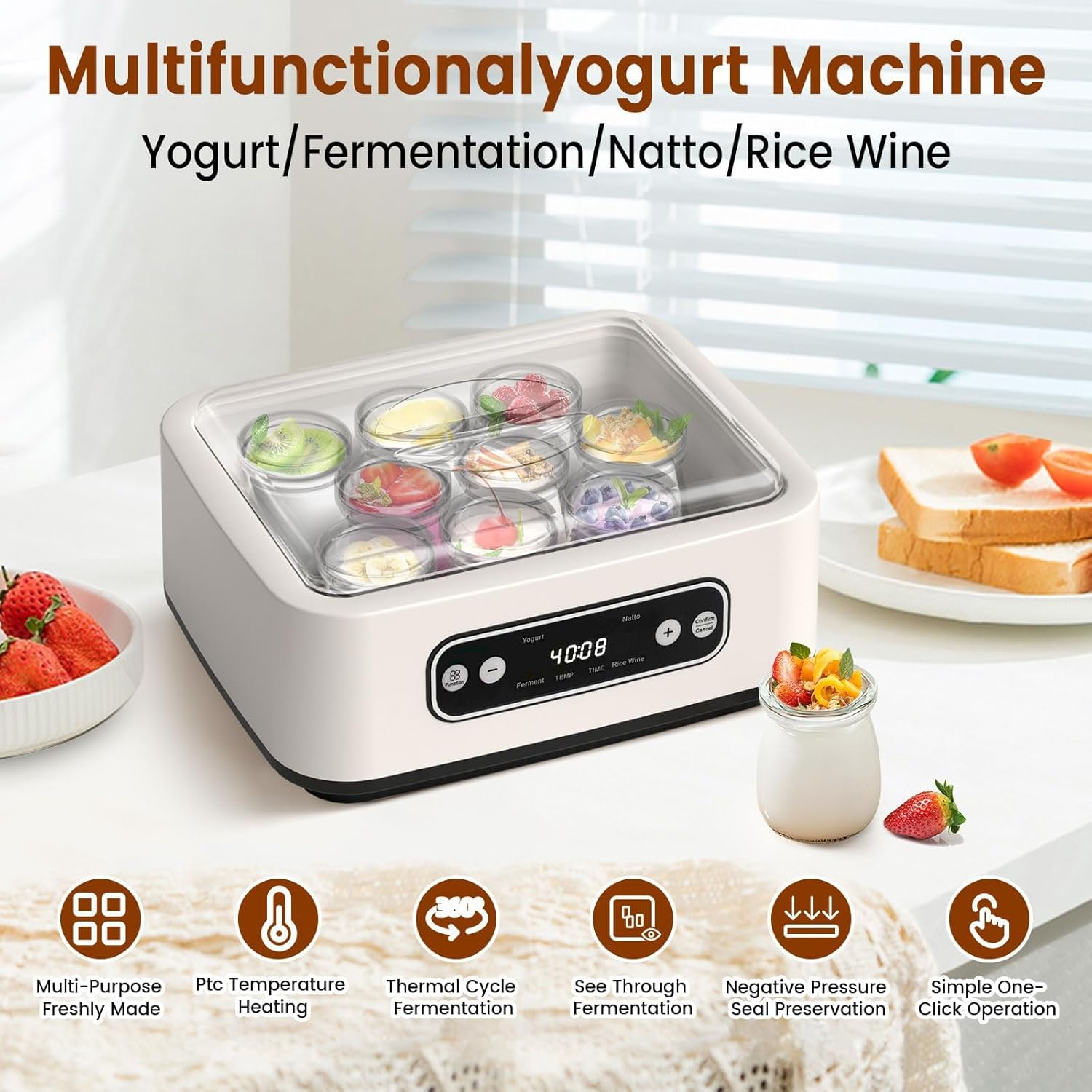 Yogurt Maker Machine, Automatic Yogurt Maker Temp Control & Smart Timer, Homemade Greek Yogurt Machine, Includes 9X100Ml/3.4Oz Glass Jars & 1.6L Stainless Steel Liner