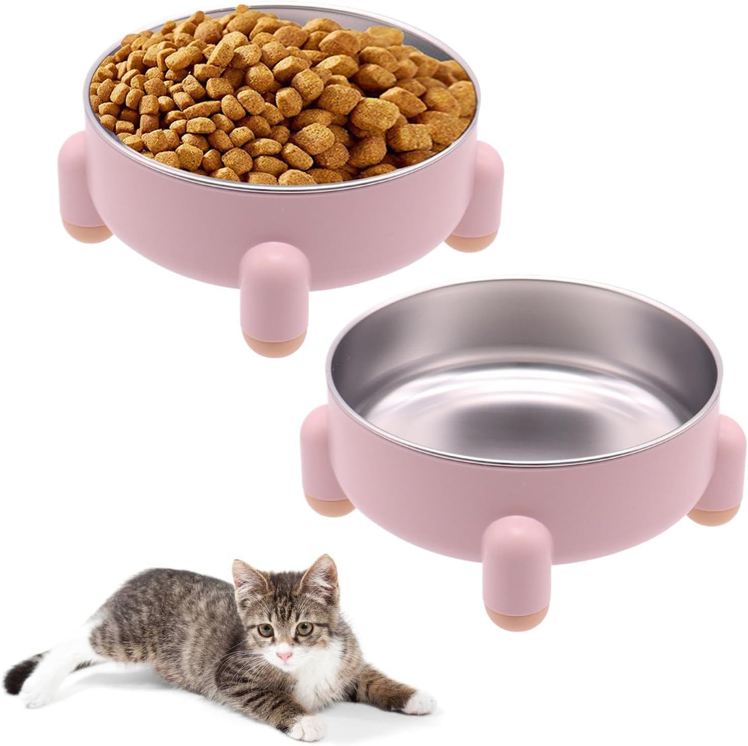 2-Pack Stainless Steel Cat Bowls - Non-Slip Tilted Metal Pet Food Bowls for Cats & Small Dogs, Prevents Feline Acne, Dishwasher Safe, Nordic Design, 3 Cups (24 Oz Each), Green