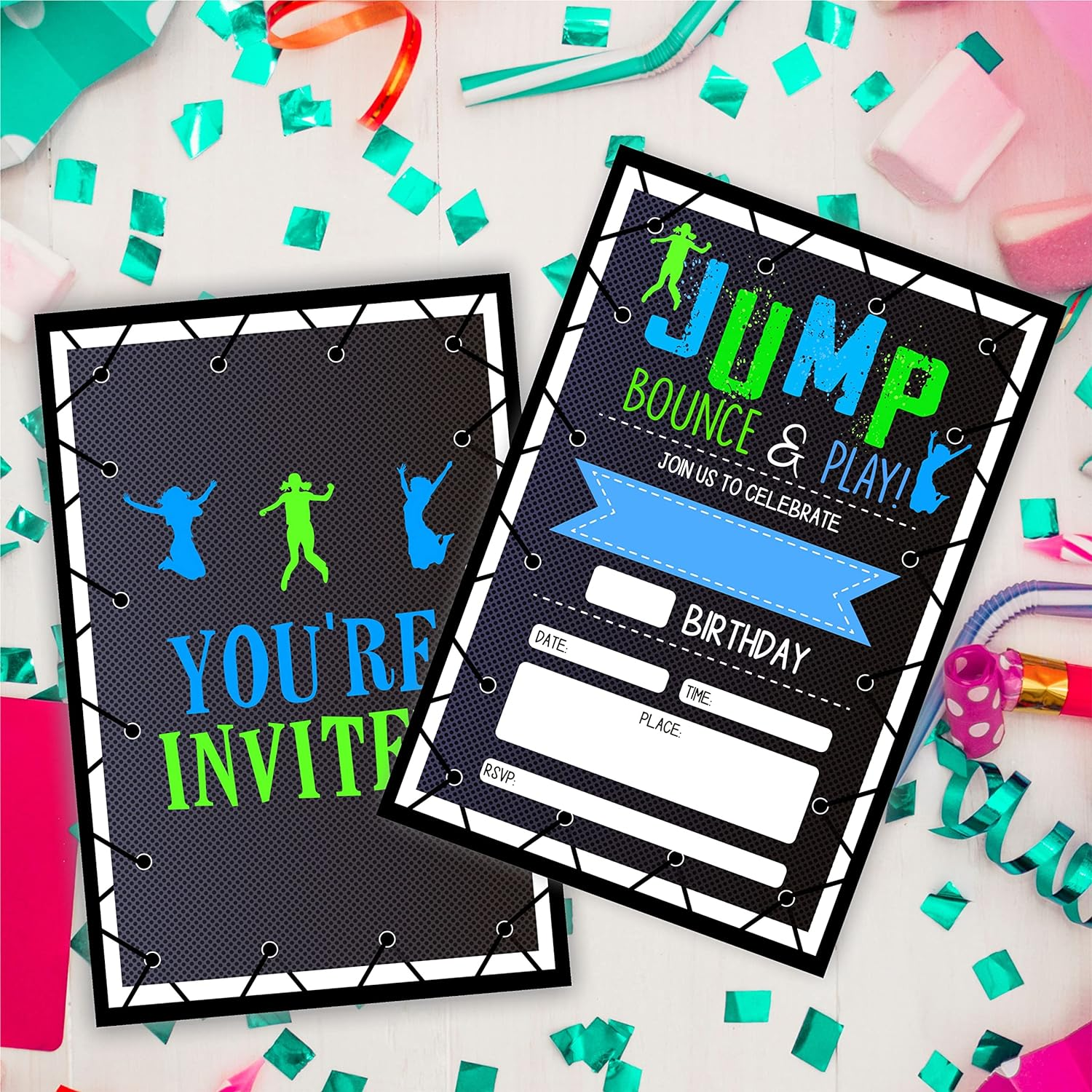 Jump Bounce & Play Birthday Invitations, Trampoline Birthday Party Invites Decorations, Kids Adults Birthday Party and Events Supplies, 20 Fill-In Invites Cards with Matching Envelopes（Yqk-B01） image number 3