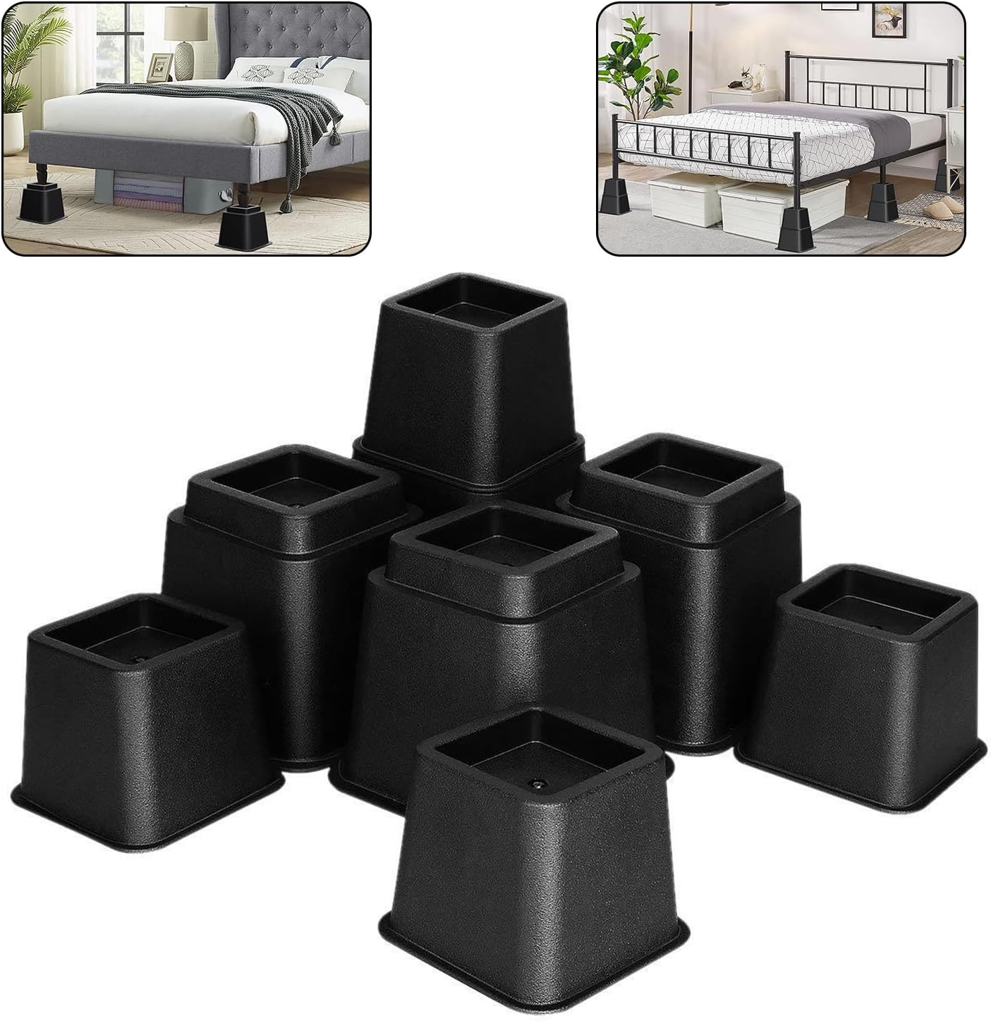 Adjustable Bed Furniture Risers-Stackable Bed Frame Risers,Heavy Duty Risers for Beds Elevation in Heights 3, 5 or 8 Inch for Chair, Table and Sofa- Supports up to 1300 Lbs - (Set of 8 Riser, Black)