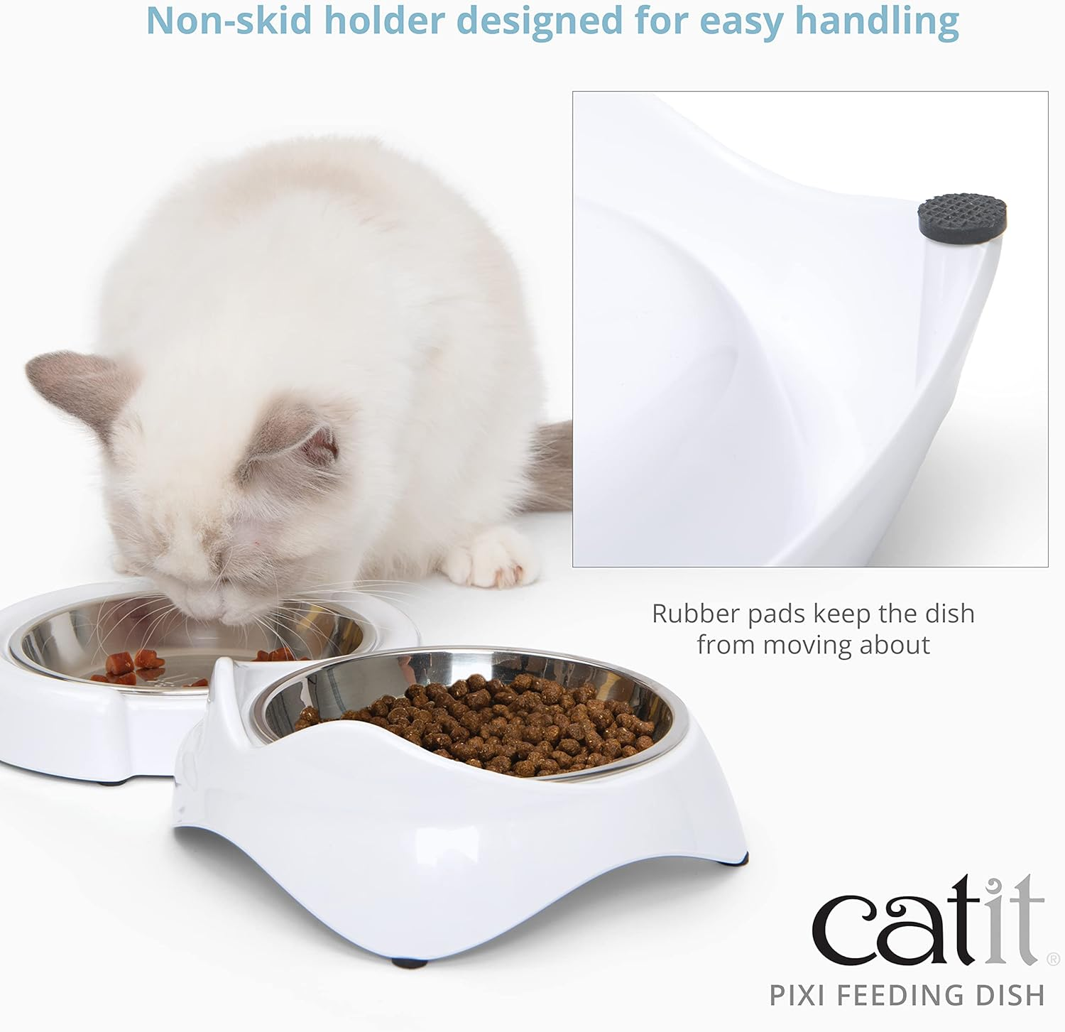 Catit PIXI Double Feeding Dish, Whisker Stress Free Food & Water Cat Bowl,White