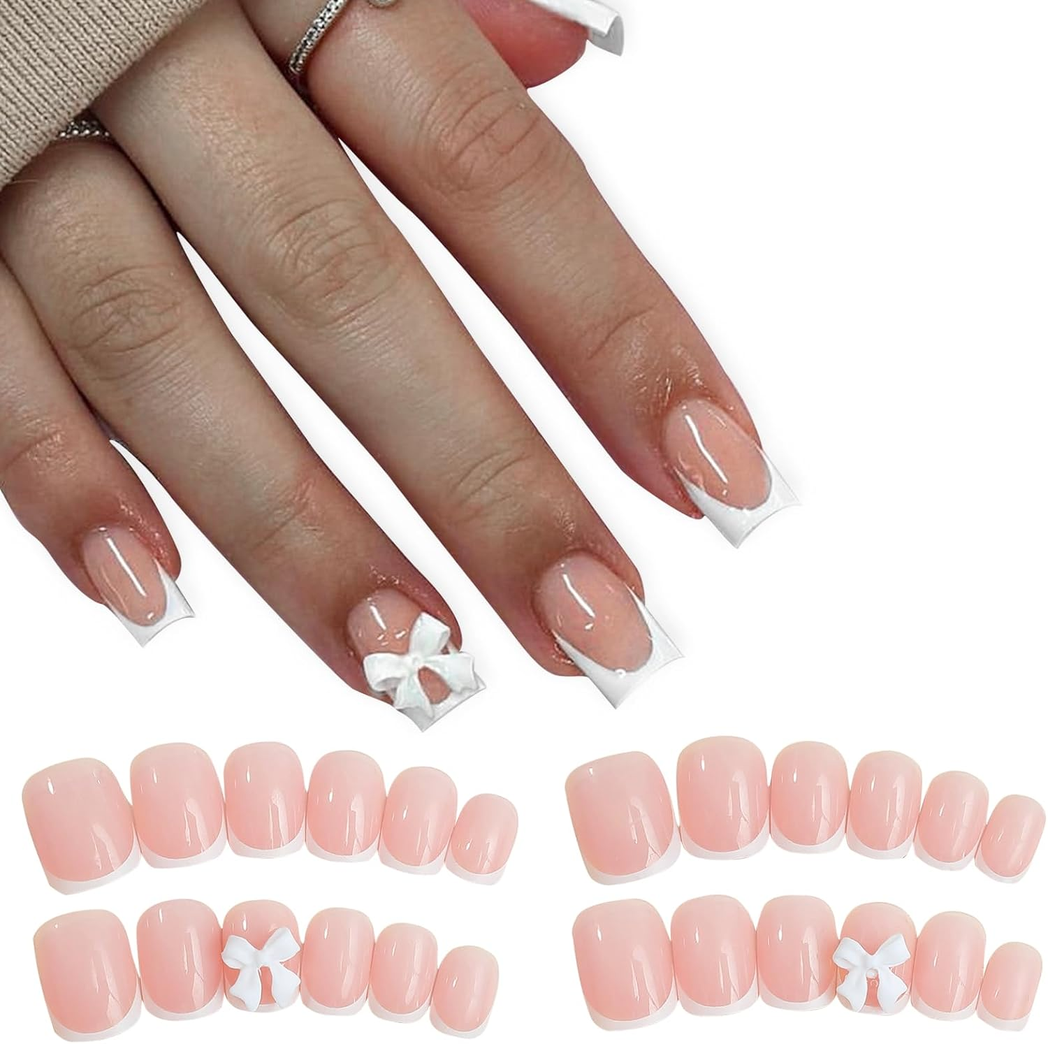 Qioon 24 Pcs Pink Press on Nails Short Square, Glossy Nude Pink Full Cover Fake Nails with White French Tips and Bow Charms, Cute False Nail for Women and Girls, Daily Manicure Set image number 1