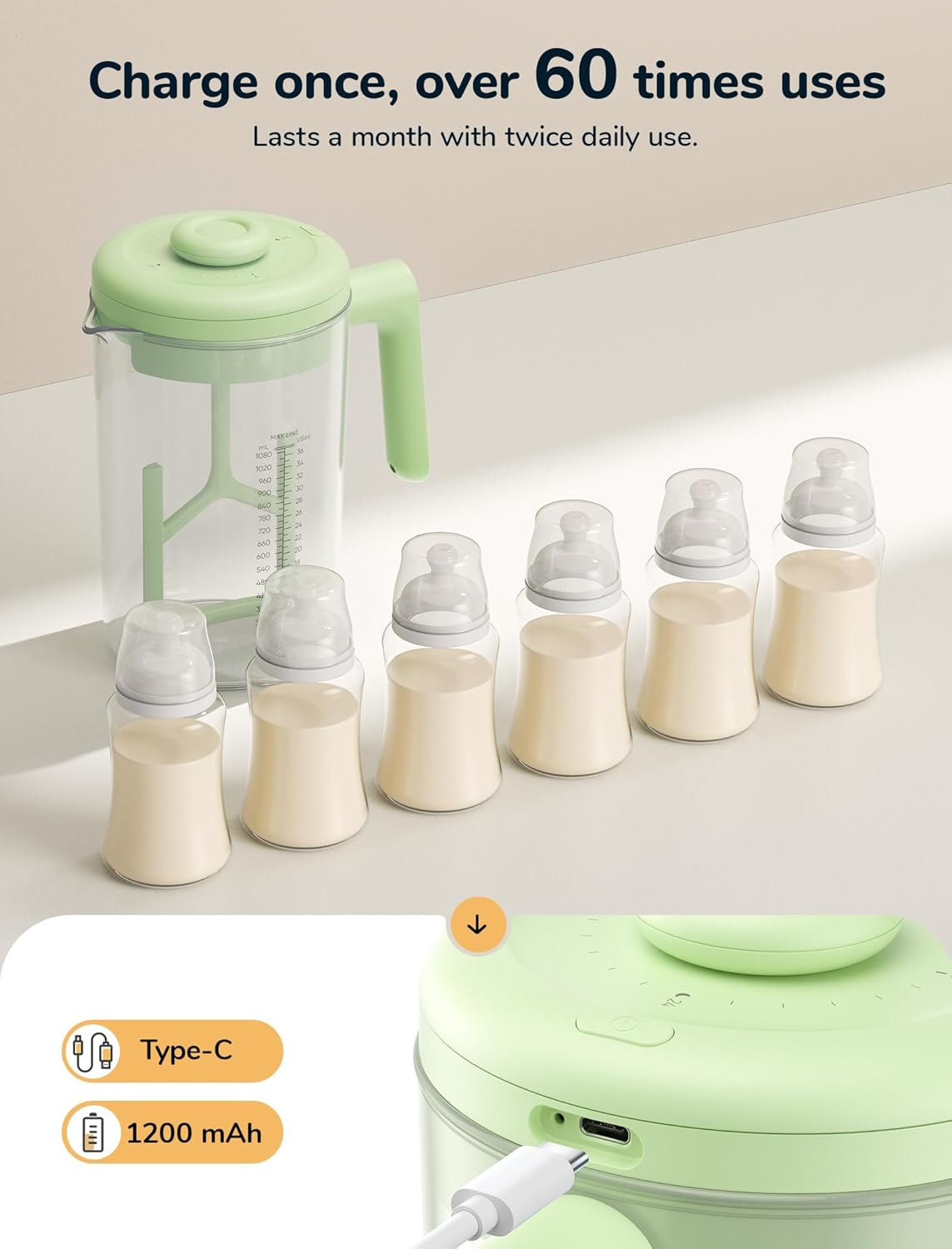 Nehneh Baby Electric Baby Formula Mixing Pitcher, Bi-Directional Alternating Stirring | No Air Bubble | No Clumps | No Drip Spout | Spill-Free Lid | Infant Formula Pitcher Mixer 36Oz, BPA Free -Green image number 1