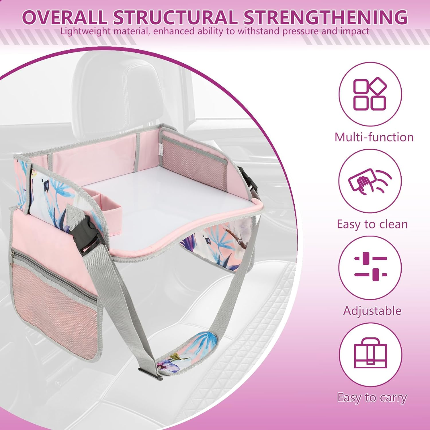 Fwqofvk Car Seat Tray, Kids Travel Tray for Car, Easy to Install Car Seat Table Tray, Portable Car Lap Tray with Adjustable Shoulder Strap and Pocket for Kids Road Trip Activities (Pink) image number 6