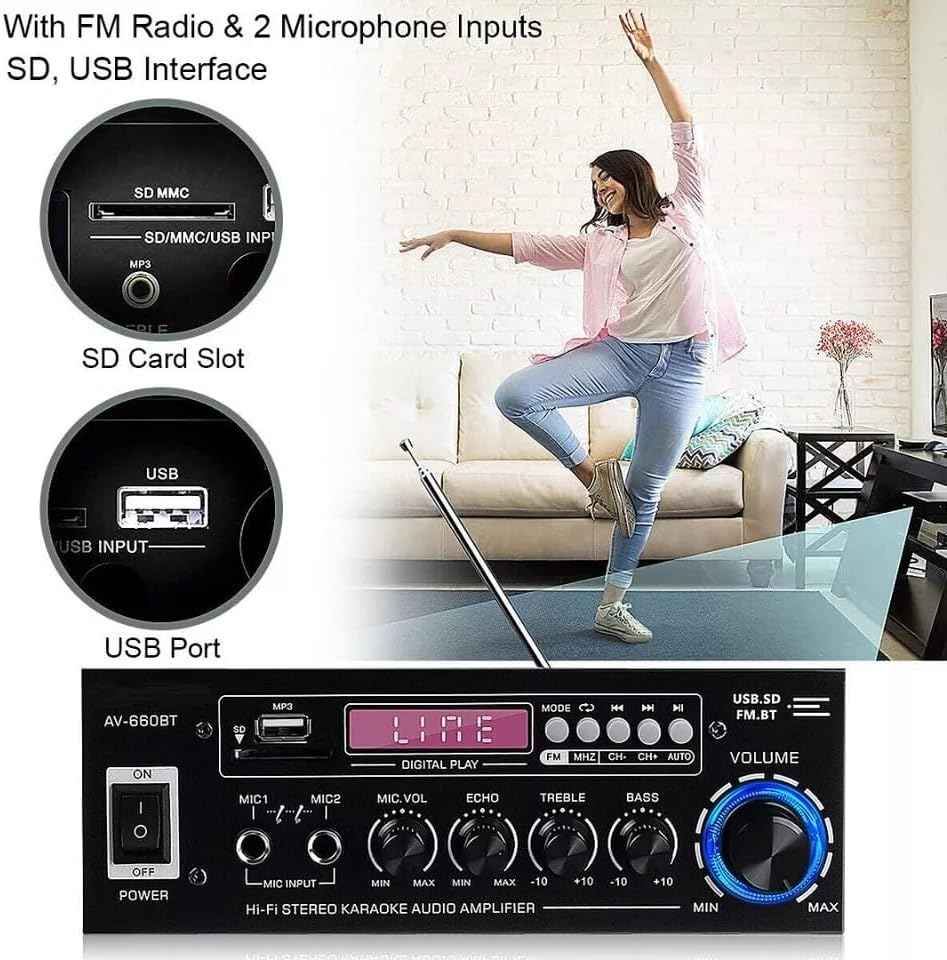 1200W Stereo Audio Amplifier, Bluetooth 5.0 Power Amplifier, 2 Channel Stereo Audio Receiver with 5-Band EQ Mixer, USB/SD Inputs, DVD/AUX Signal Support, FM Radio for Car and Home Theater image number 4