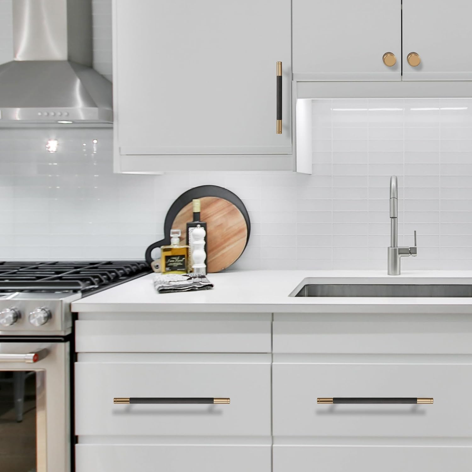 BUKOBYHE 10 Pack 3.75Inch Black and Champagne Bronze Kitchen Cabinet Handles Knurled Cabinet Pulls Black Drawer Pulls Kitchen Hardware image number 2