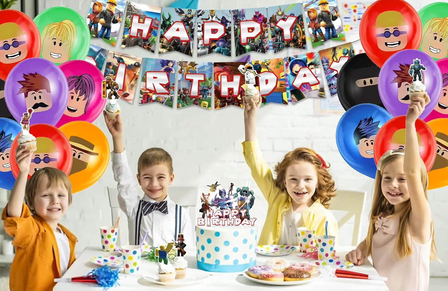 Roblox Balloons & Cupcake Toppers - 35 Piece Birthday Party Pack with Banner & Cake Decorations image number 6