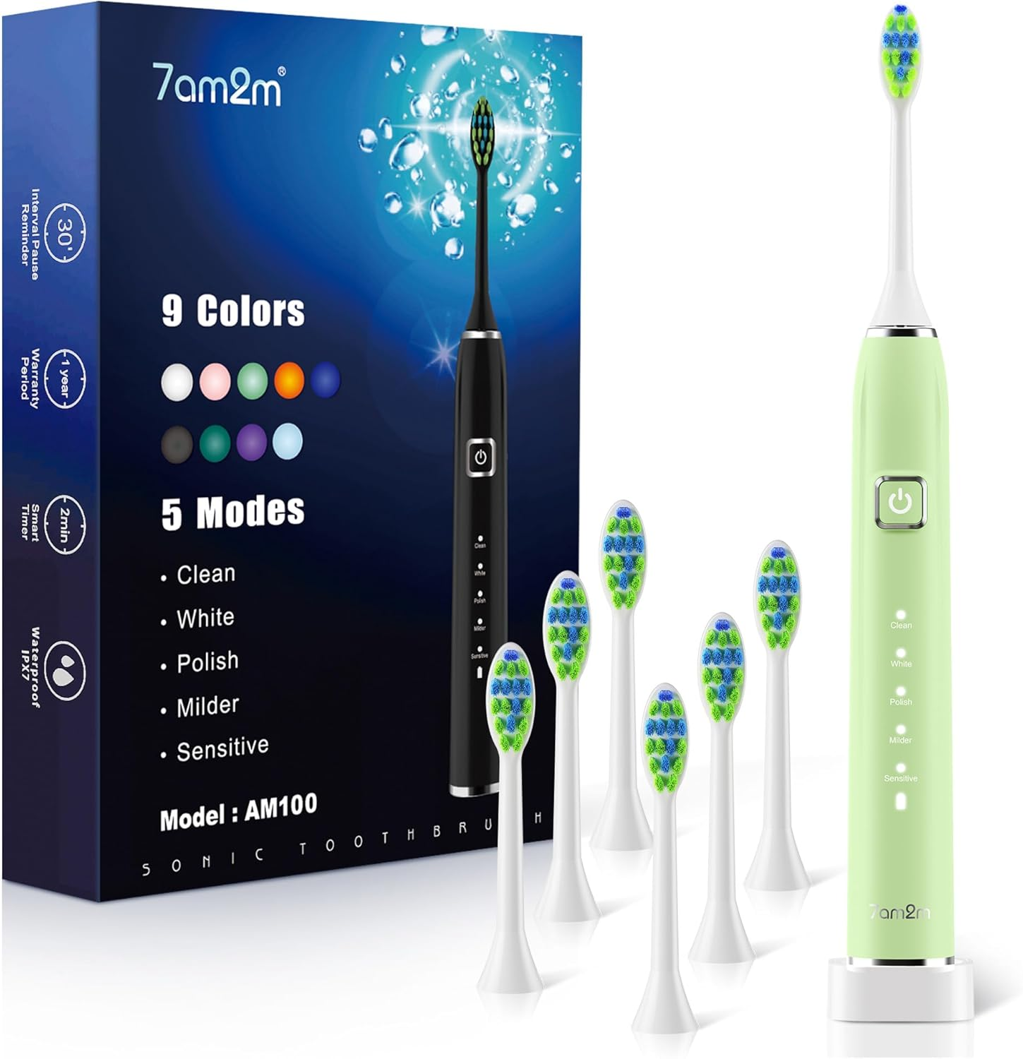 7AM2M Sonic Electric Toothbrush with 6 Brush Heads for Adults and Kids, One Charge for 120 Days, Wireless Fast Charge, 5 Modes with 2 Minutes Built in Smart Timer, Electric Toothbrushes (Black)