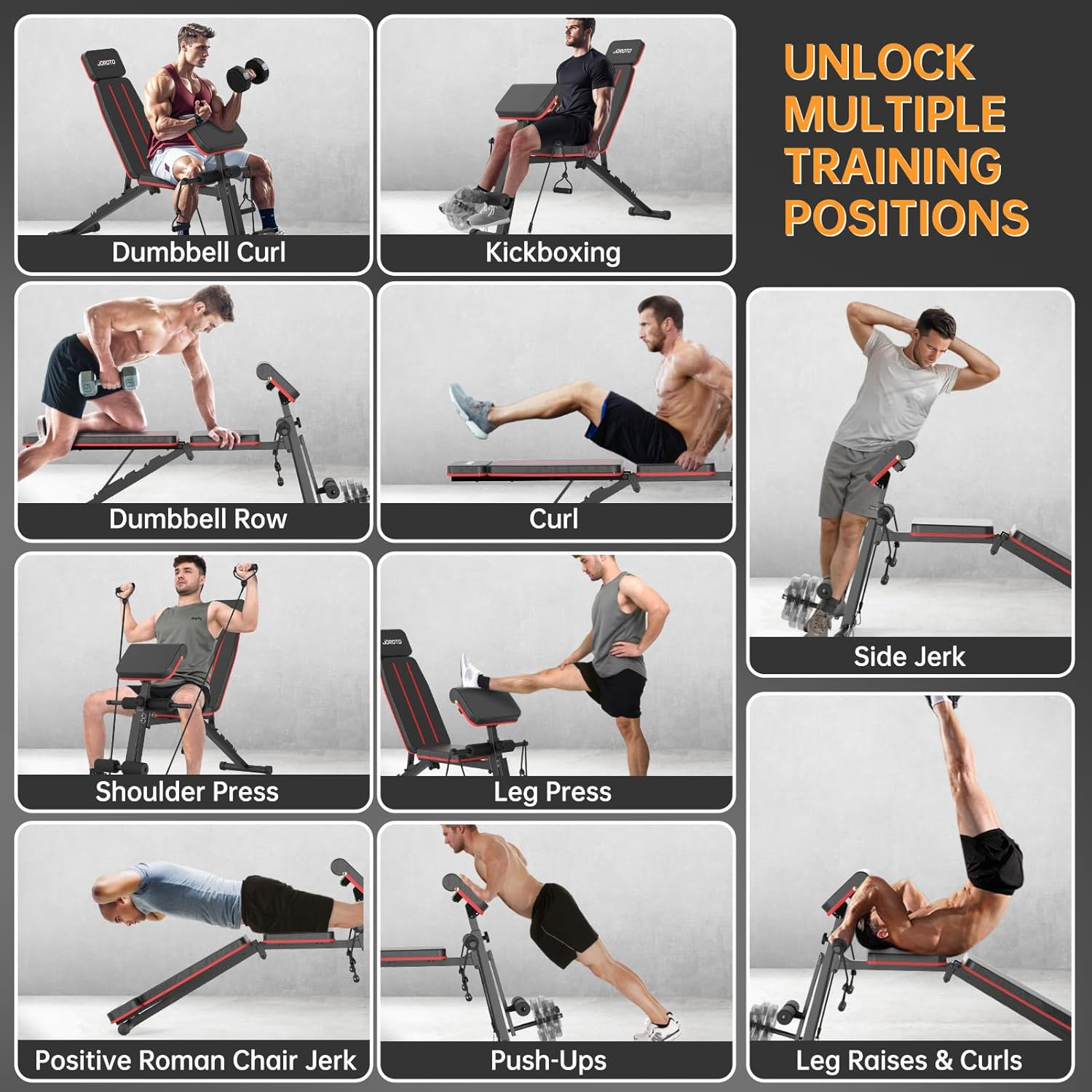 JOROTO Weight Bench Adjustable, Foldable Workout Bench Press, 350KG Load Strength Training Benches for Home Gym Full Body Workout, Roman Chair