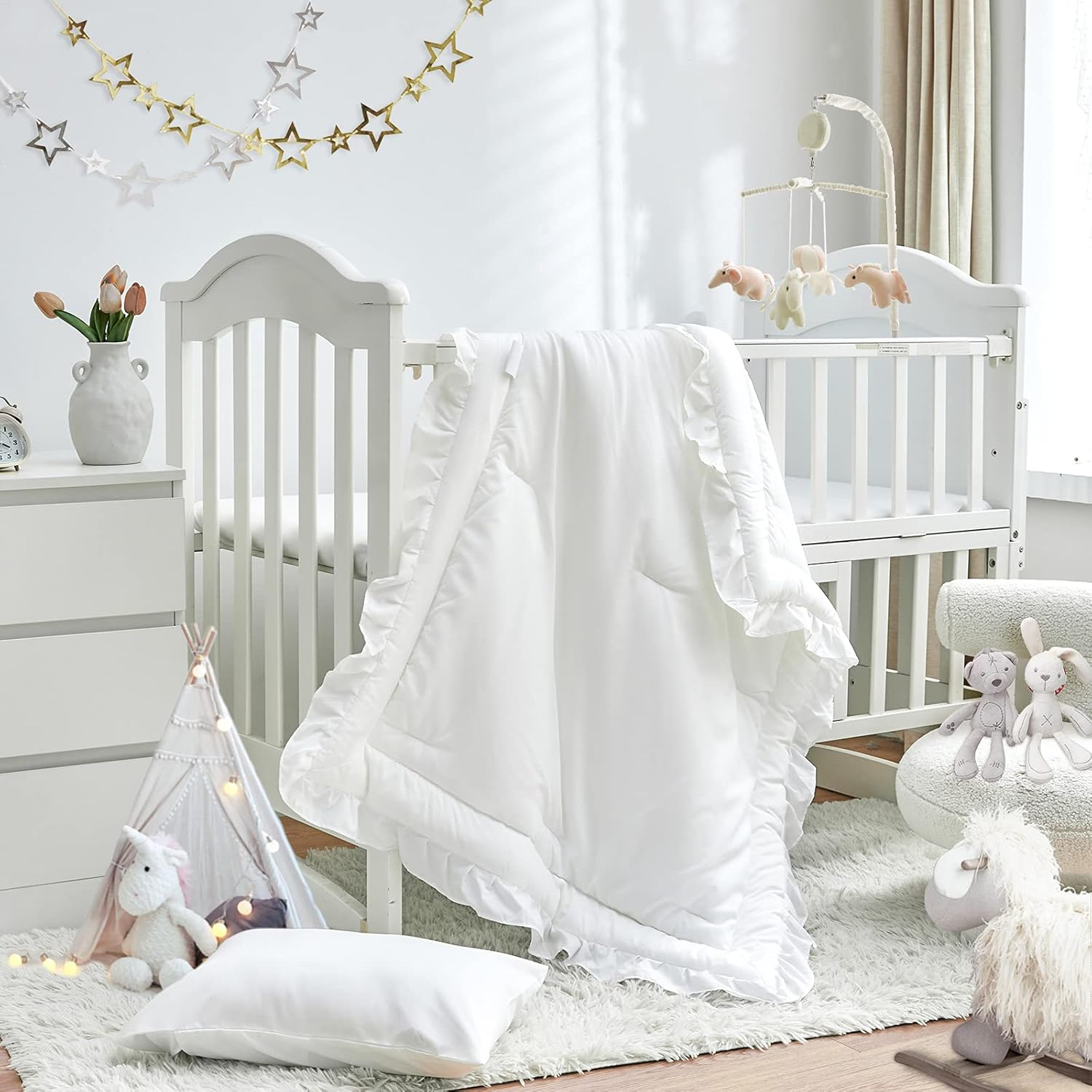3 Pieces Crib Bedding Set Baby Ruffle Quilted Comforter with Fitted Sheet and Pillow - Cute Ruffled Shabby Chic Bedding Soft Blanket Design White