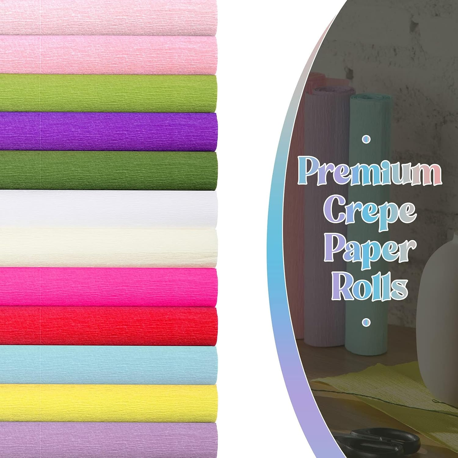 12 Rolls Crepe Paper Rolls 12 Colors Wide Crepe Paper Streamer Assorted Streamers with Floral Stem Wire and Green Floral Tapes for Birthday Party Ornament(Mixed Colors,8 Feet X 10 Inch) image number 1