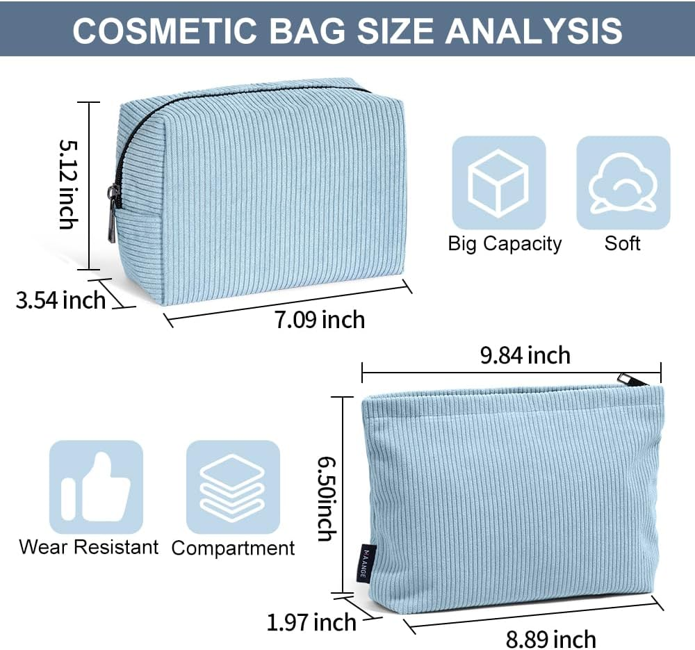 MAANGE 2 Pcs Makeup Bag, Cosmetic Bags for Women Travel Set Small Makeup Bag for Purse Corduroy Portable Versatile Zipper Pouch for Women (Blue