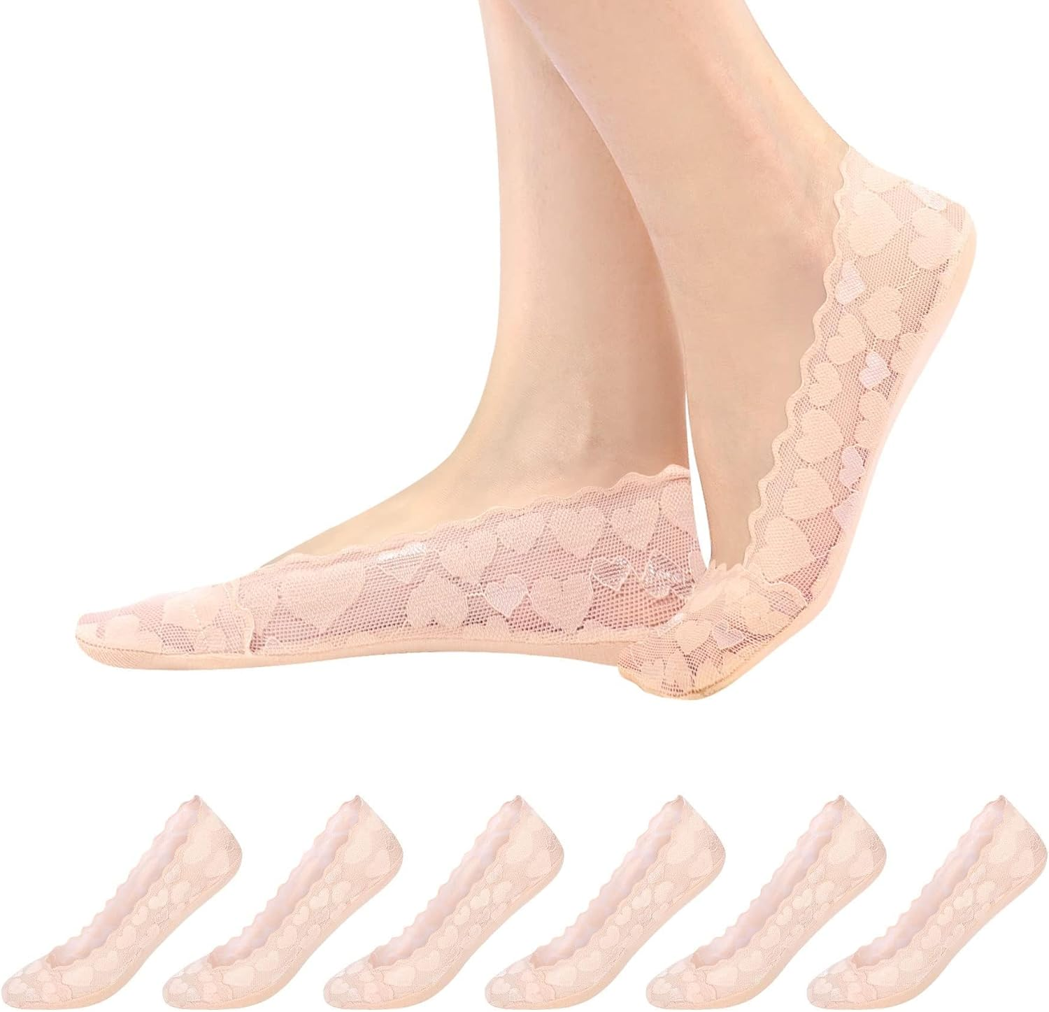 Women No Show Socks - 6 Pairs Non Slip Lace Invisible Socks, Ultra Low Cut Liner Socks Lace Boat Socks for Sneakers High-Heel Shoes - Flower-3Beige3Black image number 7