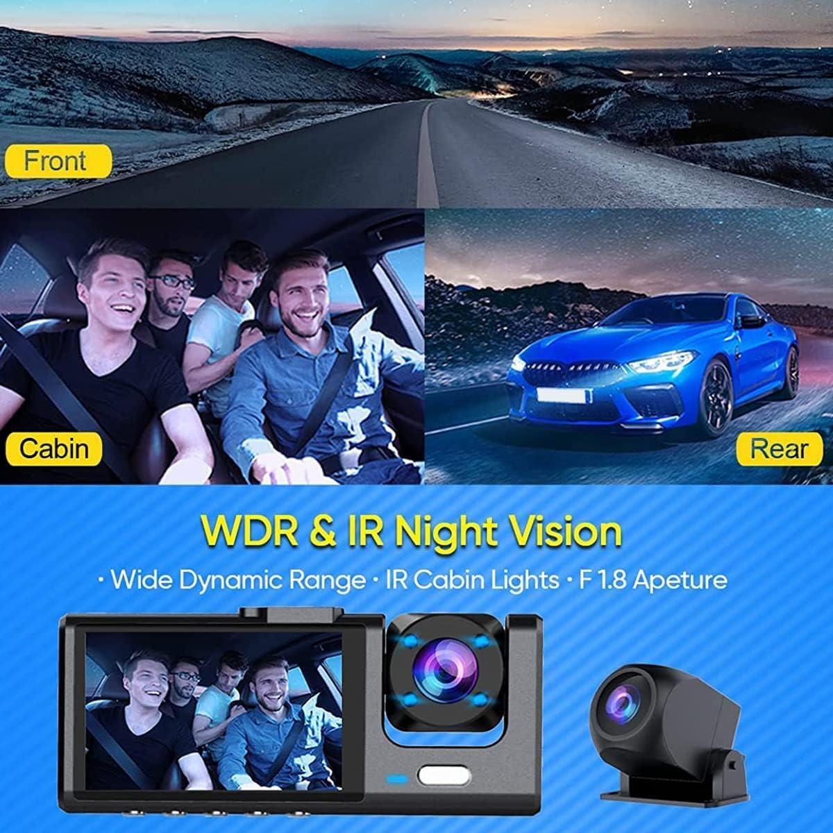 Dual Dash Cam 1080P 720P Front and Rear Car Recorder Dashcam for Cars with IR Night Vision 3 Channel 160 Degree HD Car Driving Camera Dashboard Cameras Support 32GB Max image number 1