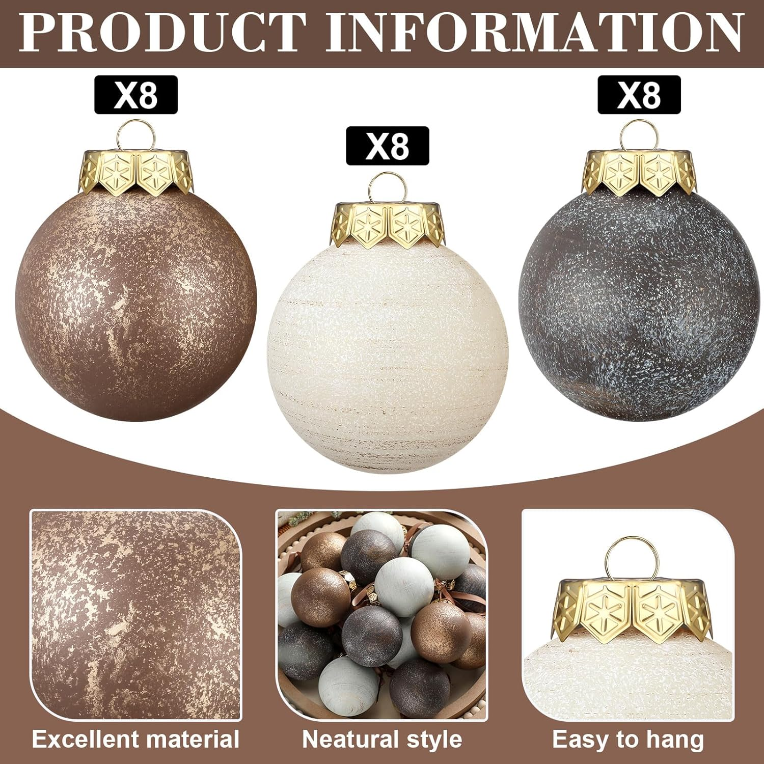 Yunlly 24 Pcs Textured Christmas Ball Ornaments 2.36'' Neutral Christmas Tree Decor Vintage Rustic Hanging Decor Shatterproof Home Ornaments for Xmas Winter Farmhouse Decoration (Vintage Copper)
