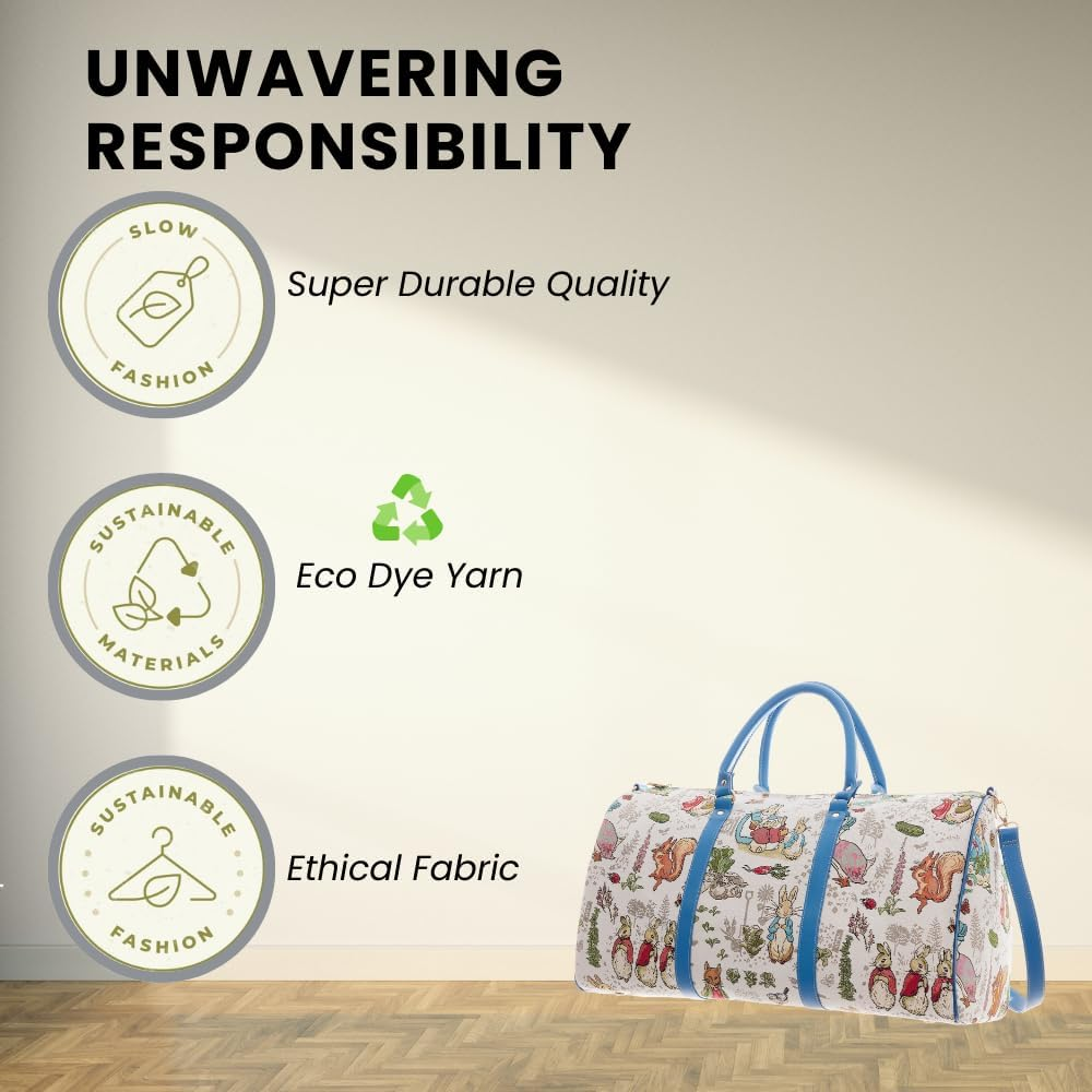 Signare Tapestry Large Travel Duffle Bag Ladies Overnight Weekender Carryon Gym Sports Duffel Bags for Women, Blue Rabbit, One Size, Peter Rabbit Hand Luggage