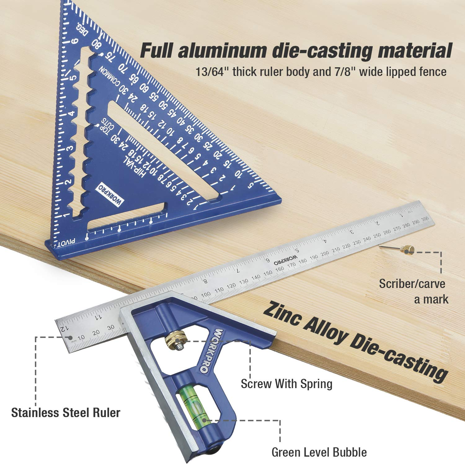 WORKPRO Rafter Square and Combination Square Tool Set, 18Cm . Aluminium Alloy Die-Casting Carpenter Square and 30Cm Zinc-Alloy Die-Casting Square Ruler Combo (Rafter Square Layout Tool) image number 3